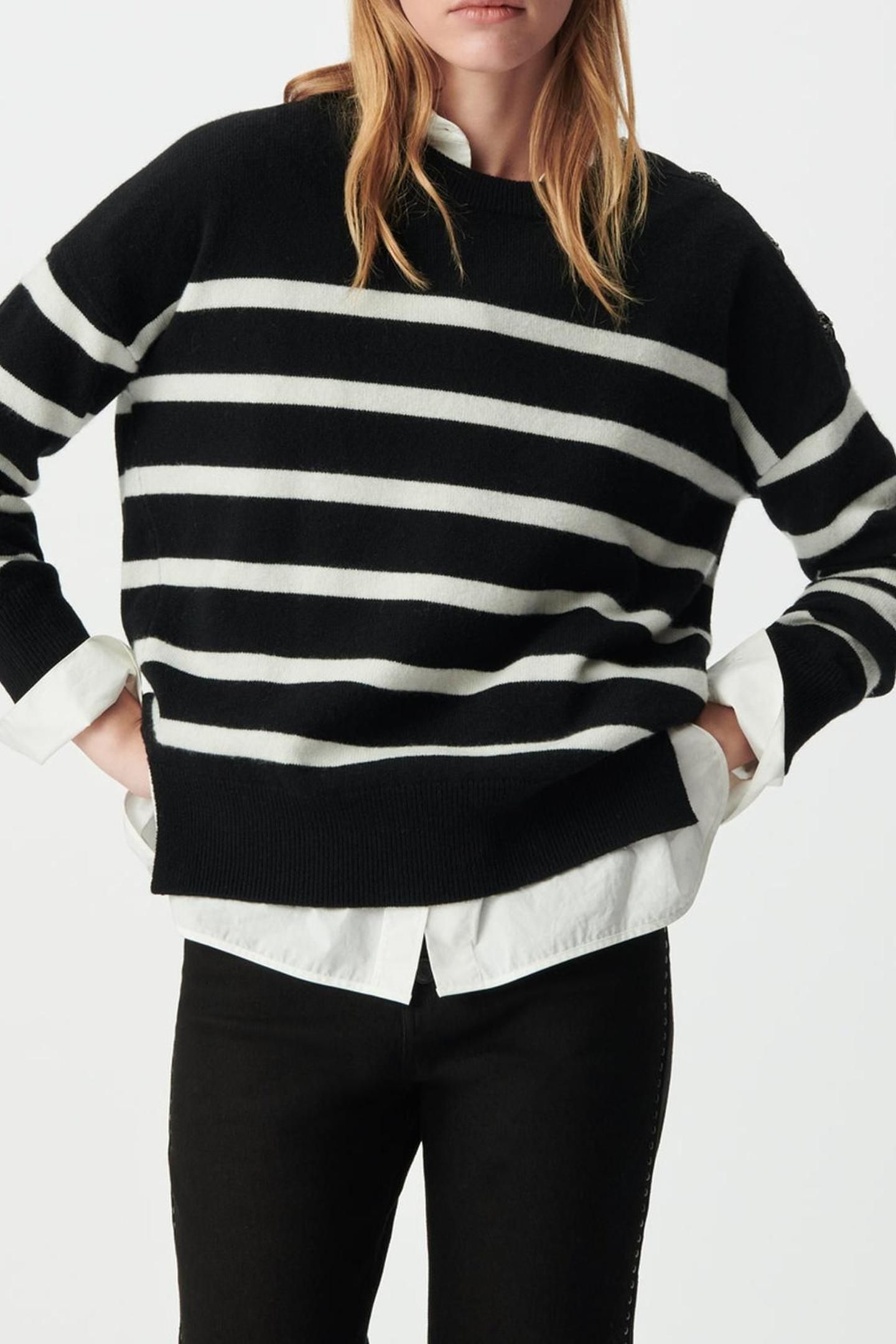 BLACK ECRU PURE WOOL SAILOR SWEATER, BUTTONS 1