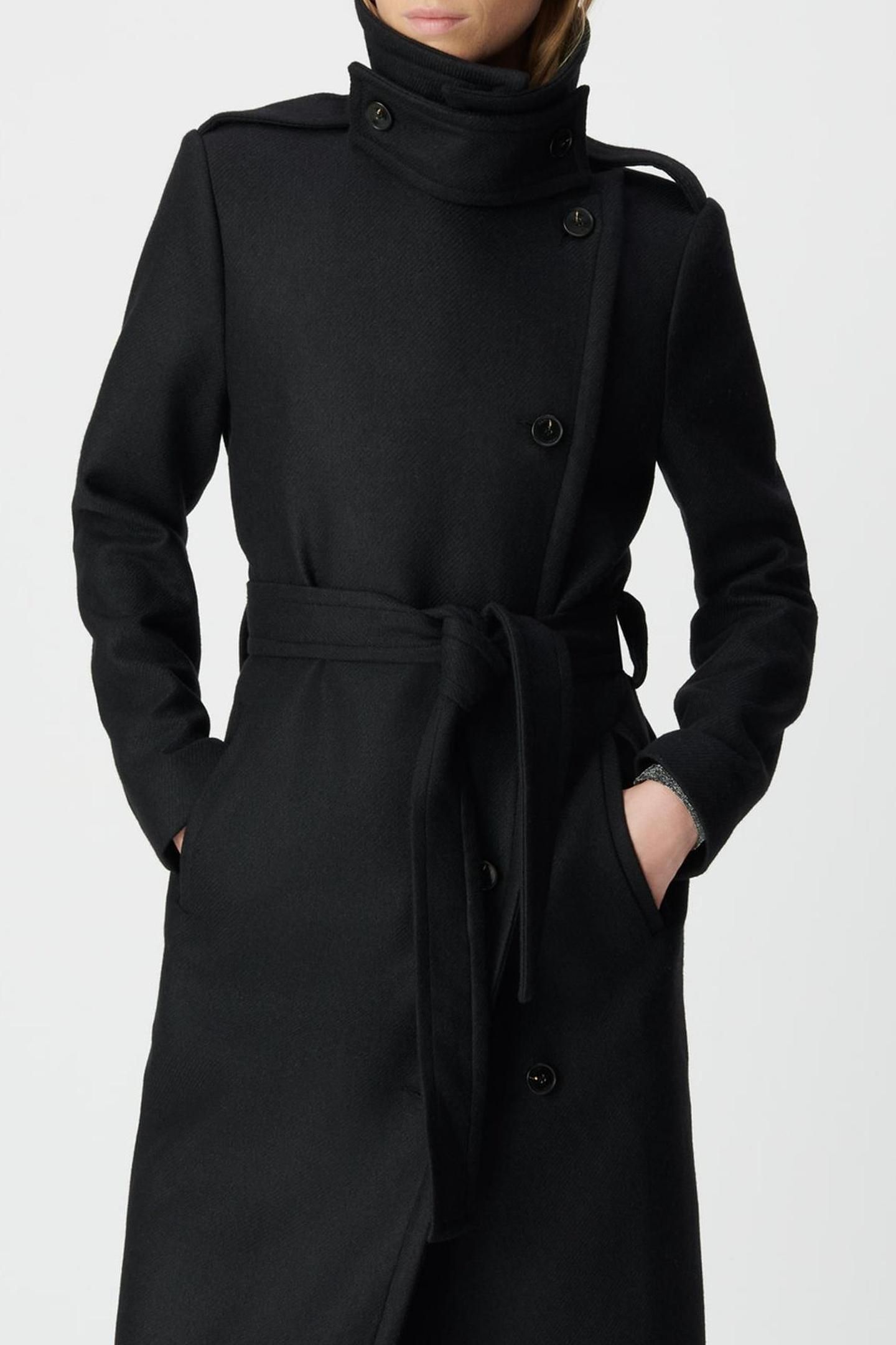 BLACK WOOLCLOTH BELTED PEA COAT-STYLE LONG COAT 3