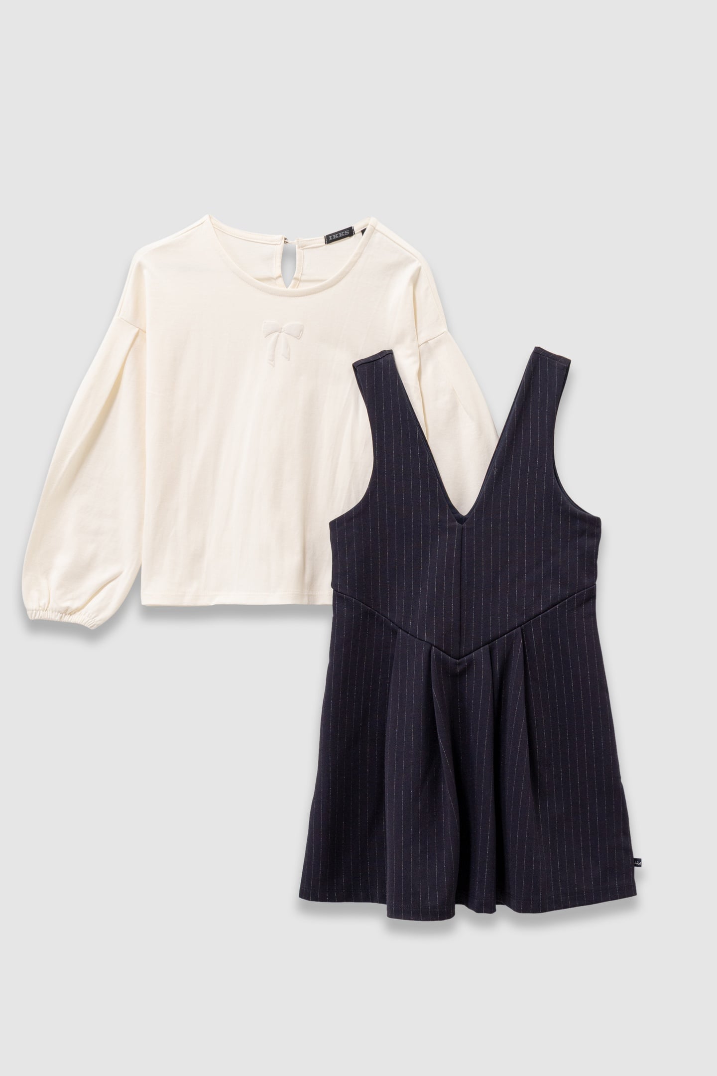 GIRLS’ 2-IN-1 NAVY PINSTRIPE DRESS AND ECRU T-SHIRT 1
