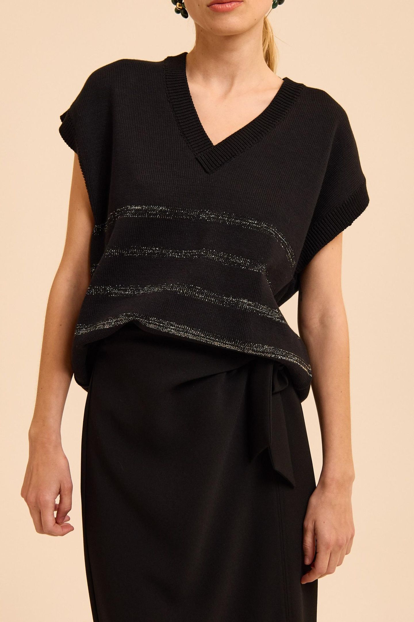 BLACK KNIT SLEEVELESS SWEATER WITH LUREX STRIPES 1