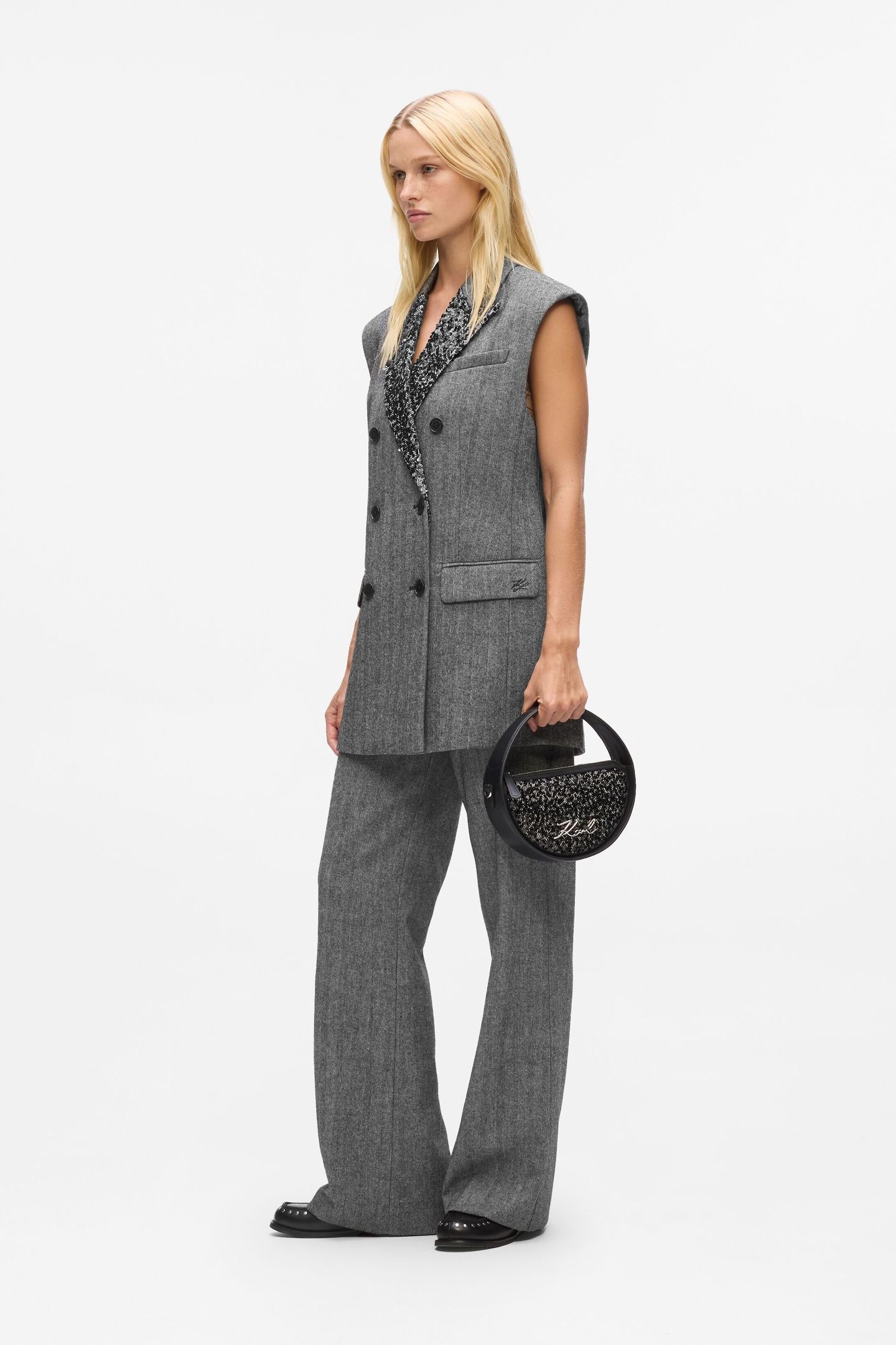 EMBELLISHED LAPEL TWEED GILET GREY/BLACK 3