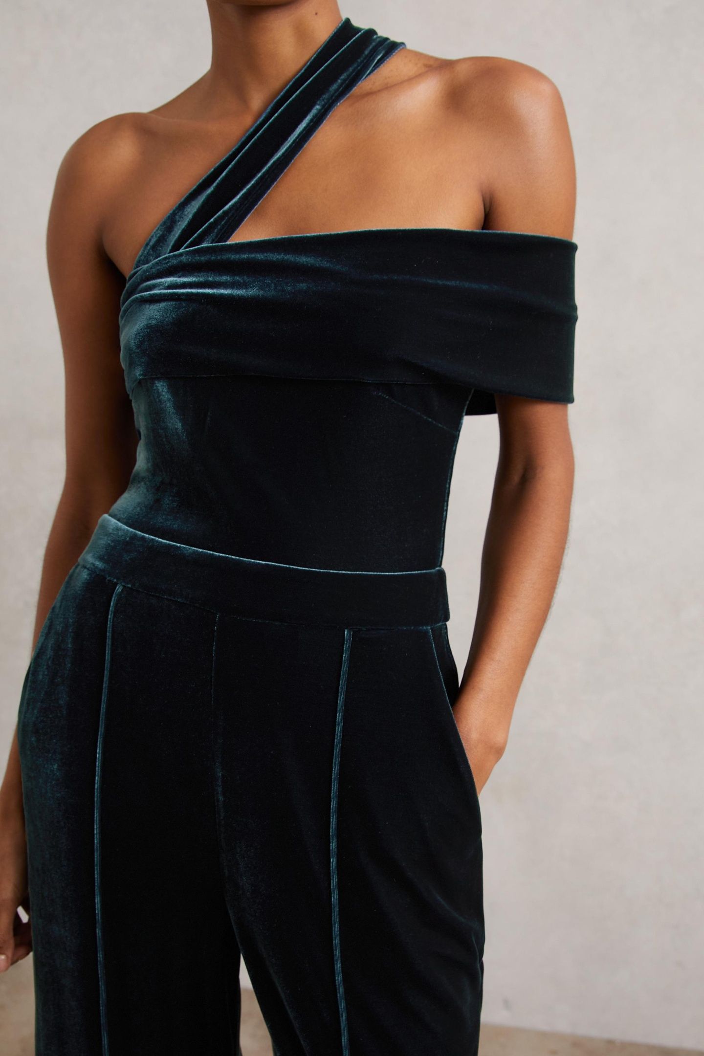 ONE SHOULDER VELVET JUMPSUIT TEAL GREEN 5