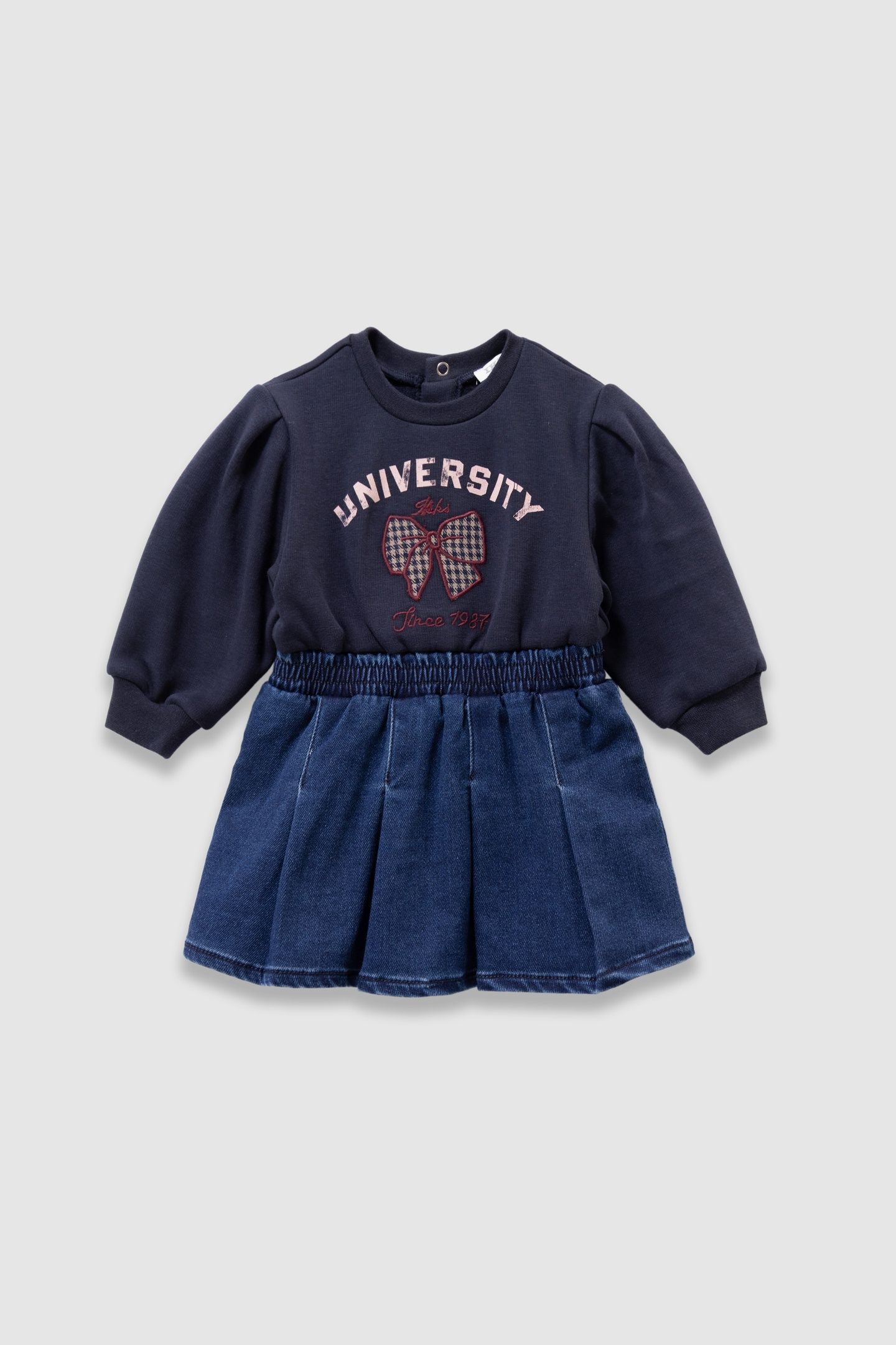 BABY GIRLS’ NAVY MIXED FABRIC DRESS, BOW AND EMBROIDERY 1