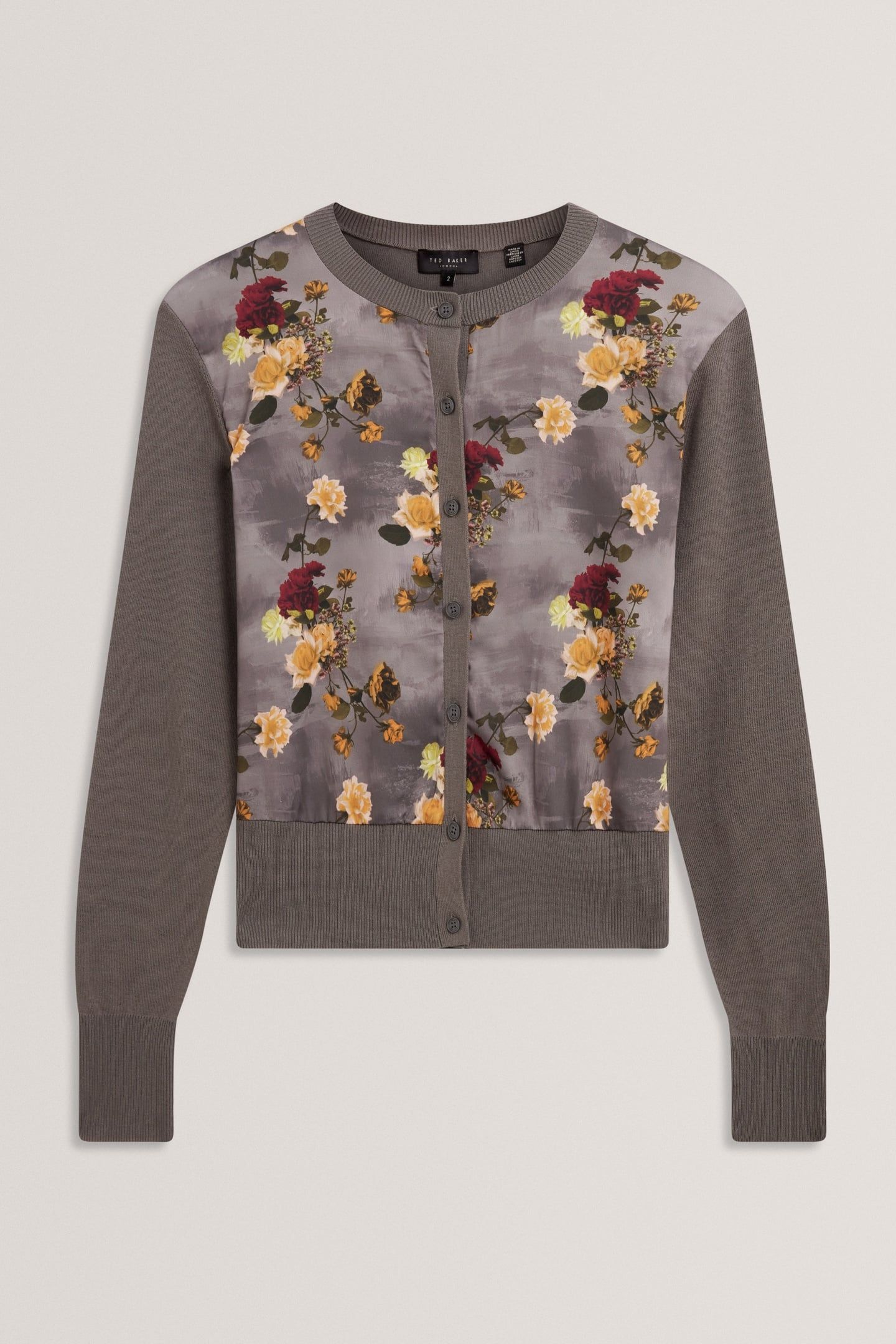 FLORAL PRINTED WOVEN FRONT CARDIGAN MID-GREY 3