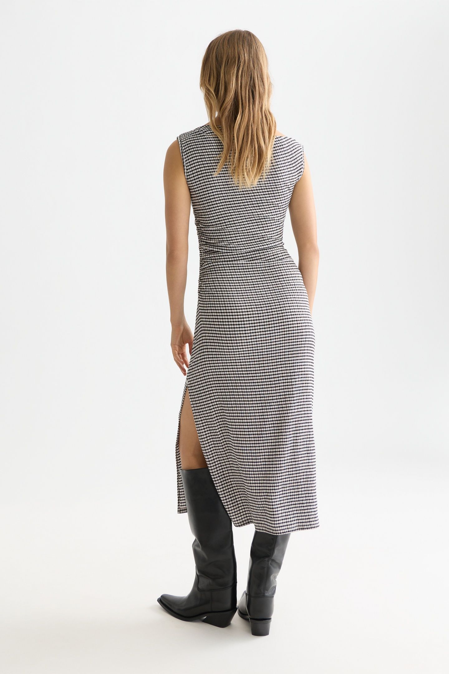 STRUCTURED GINGHAM DRAPEY MIDI DRESS METEORITE 2
