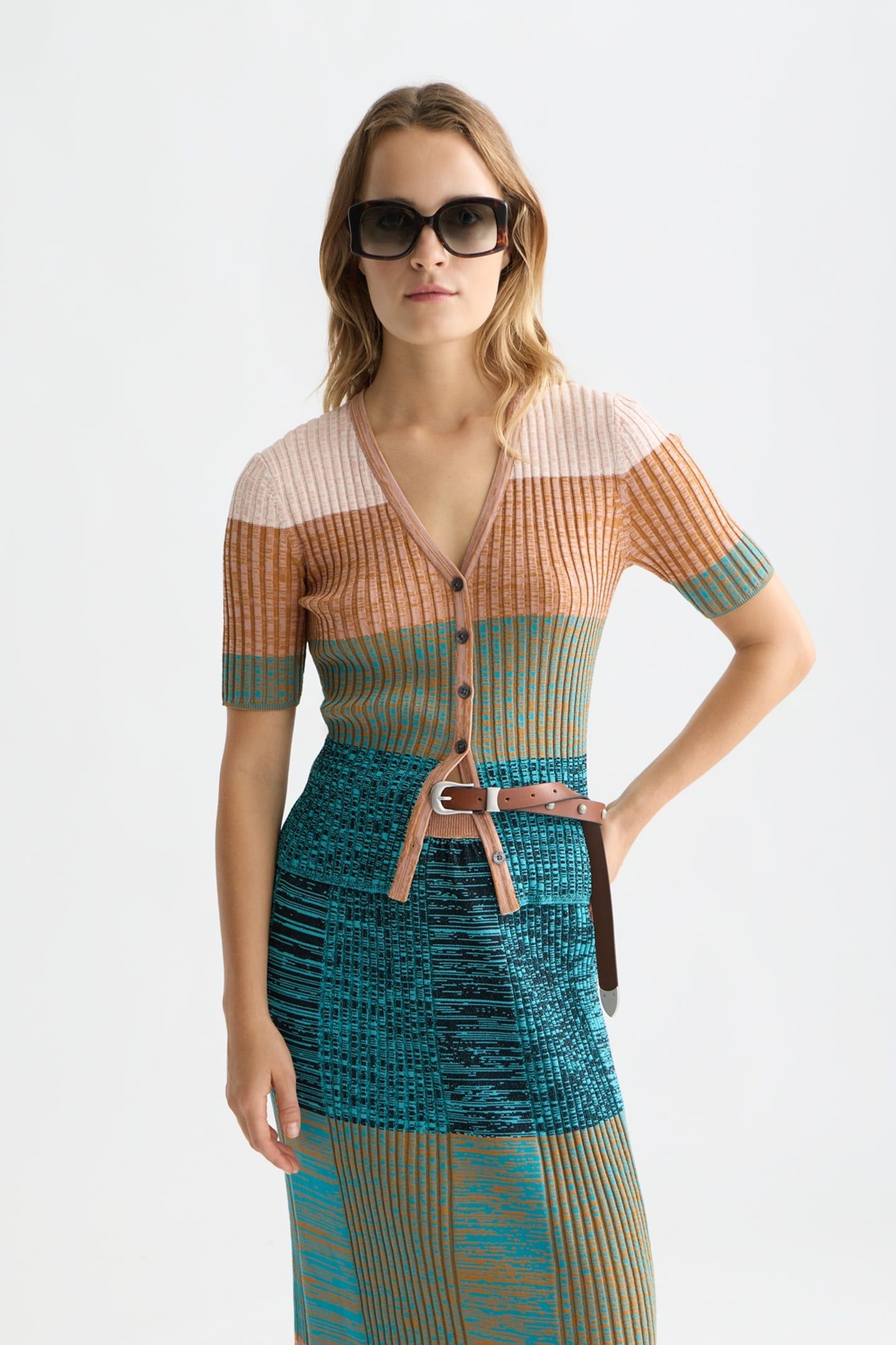 BLOCK STRIPE RIBBED SHORT SLEEVE CARDIGAN TAHITIAN TEAL 1
