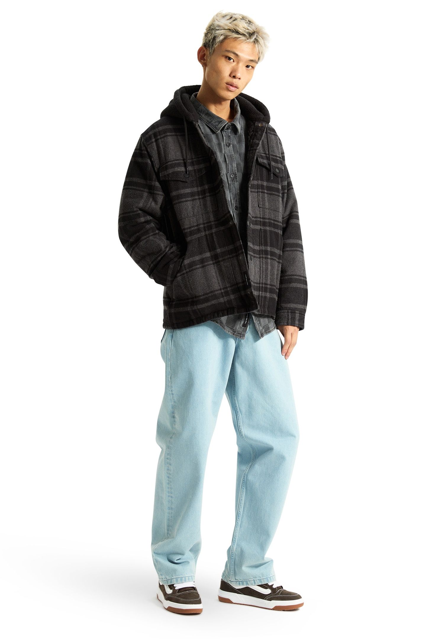 PIEDMONT HOODED PLAID SHACKET BLACK/ASPHALT HEATHER 1