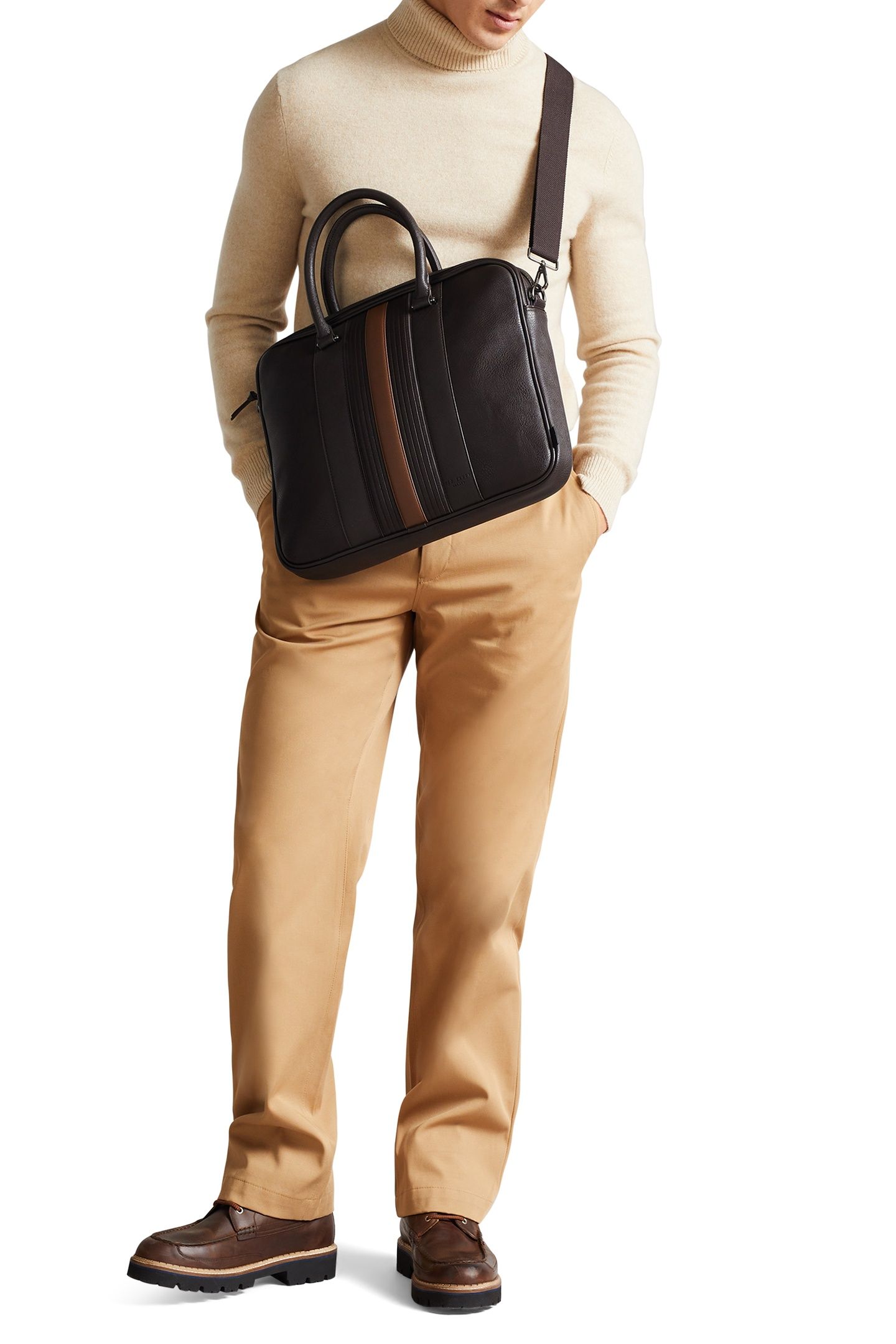 NEVVER STRIPED PU DOCUMENT BAG BROWN 1