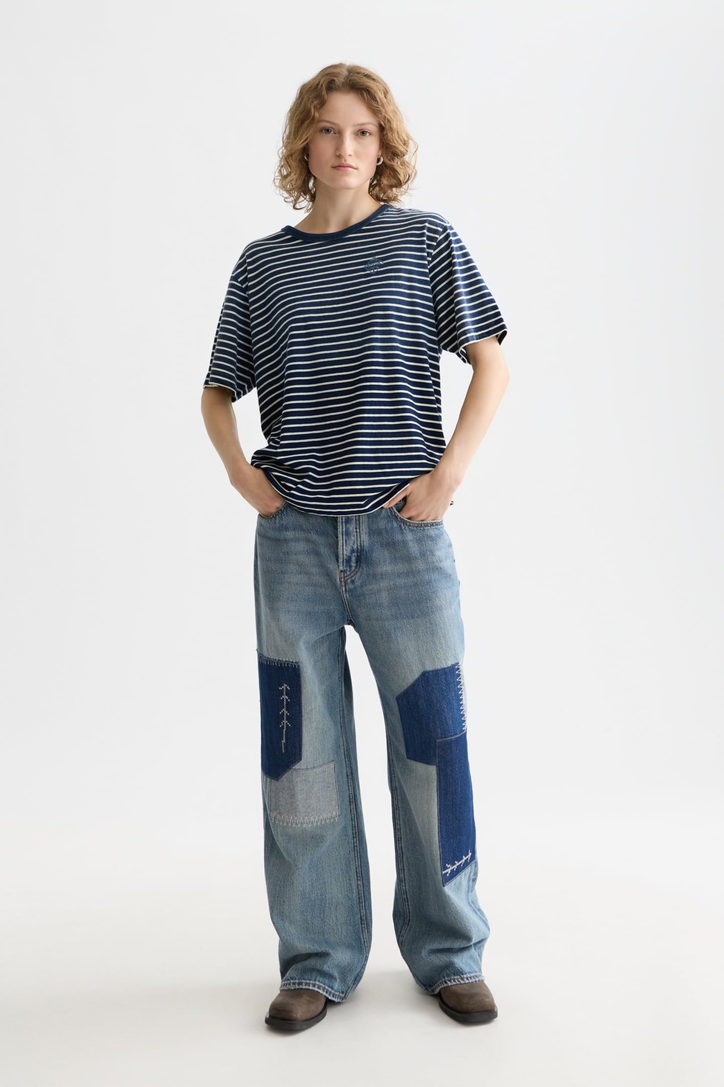 INDIGO WASHED LOOSE FIT T-SHRIT SAND STRIPE 3
