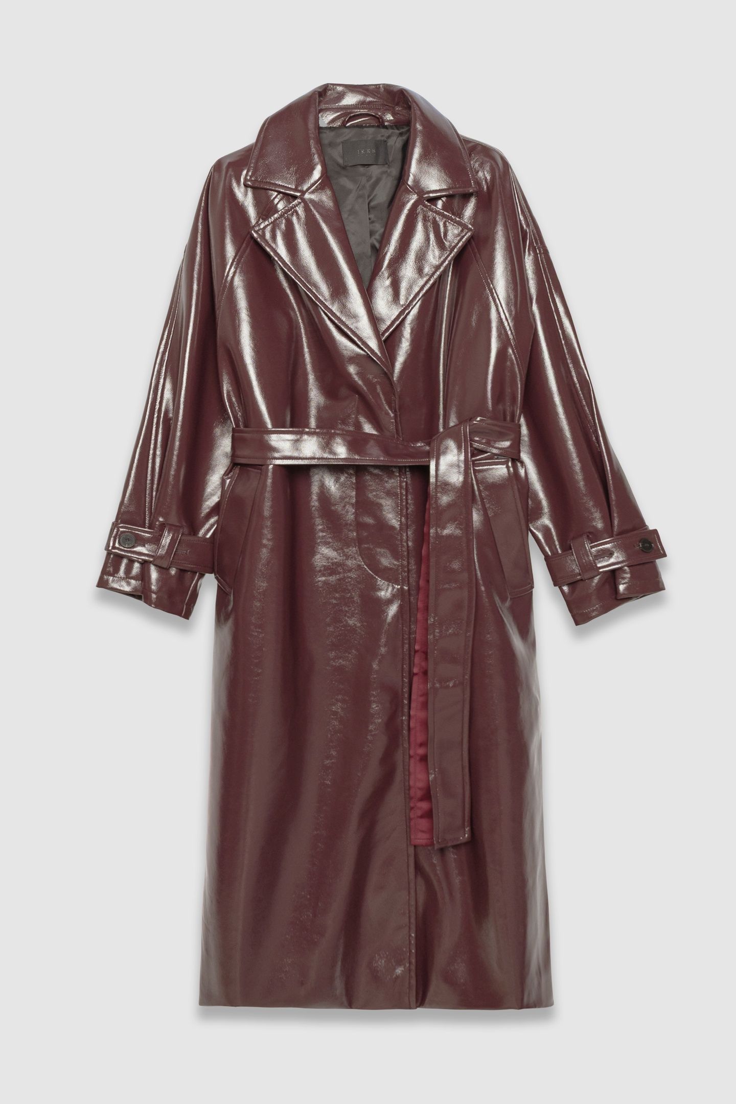 BURGUNDY VINYL-STYLE LONG TRENCH COAT 4