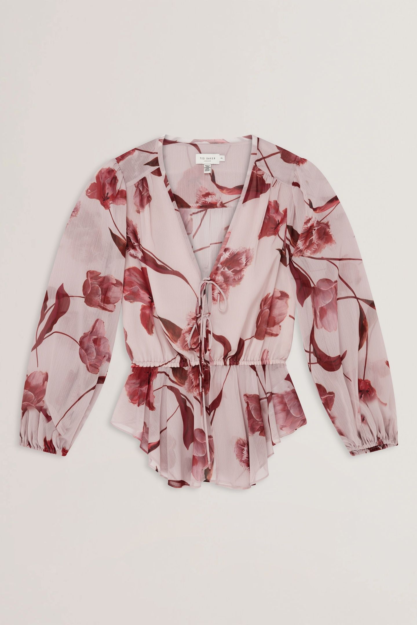 PRINTED TIE FRONT BALLOON SLEEVE BLOUSE PINK 3