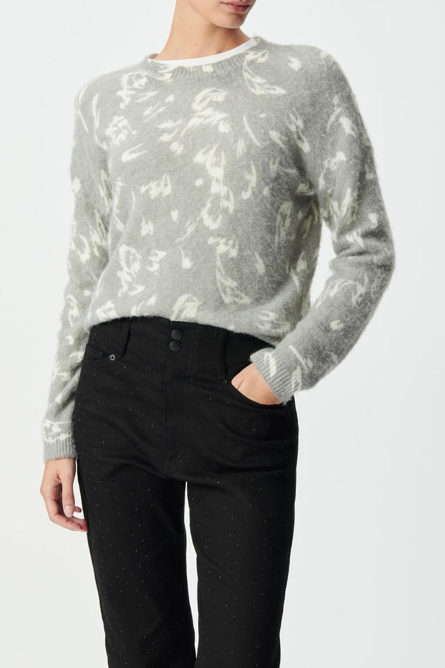 GREY WINTER SWEATER WITH ECRU TACHIST PRINT 1