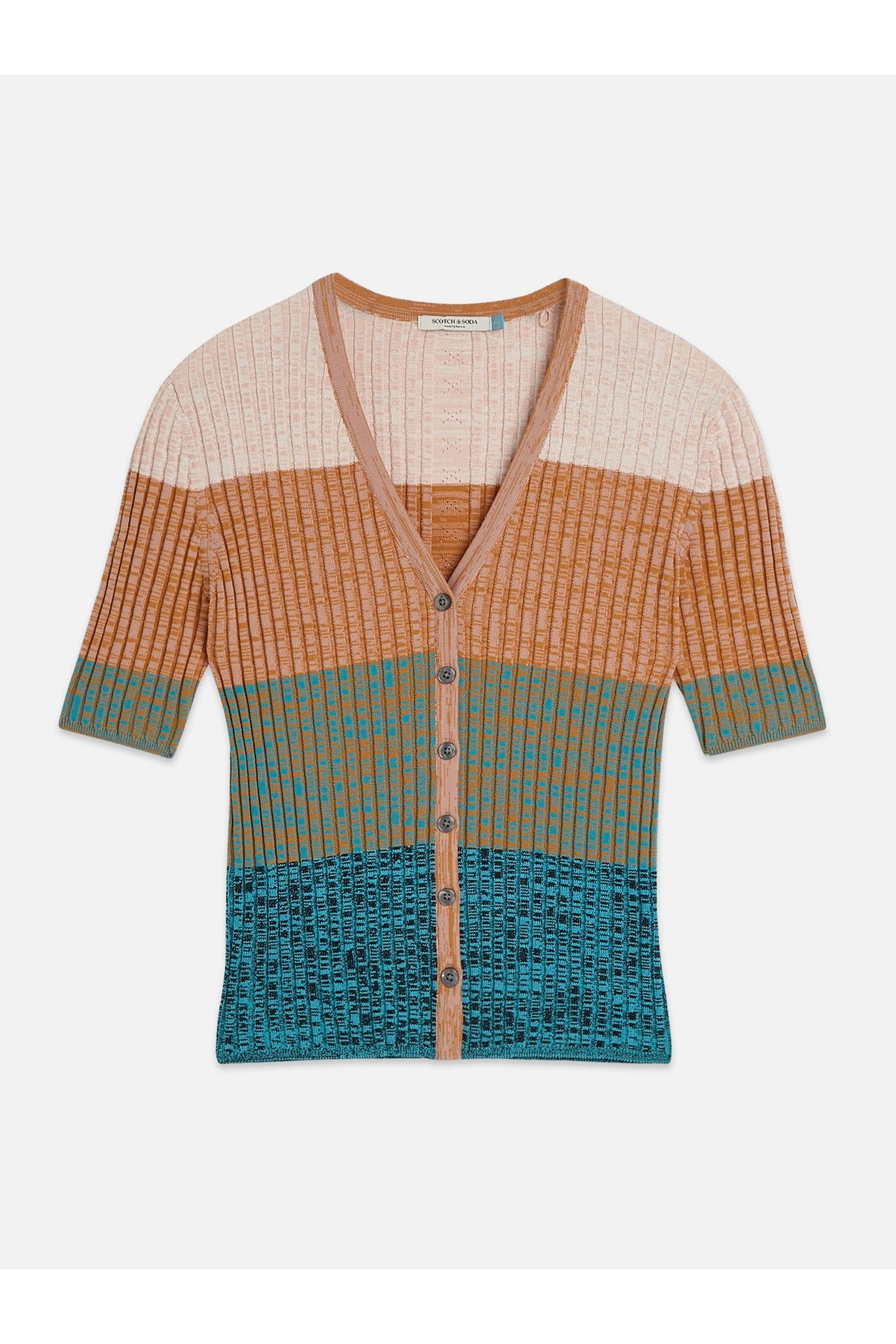 BLOCK STRIPE RIBBED SHORT SLEEVE CARDIGAN TAHITIAN TEAL 4