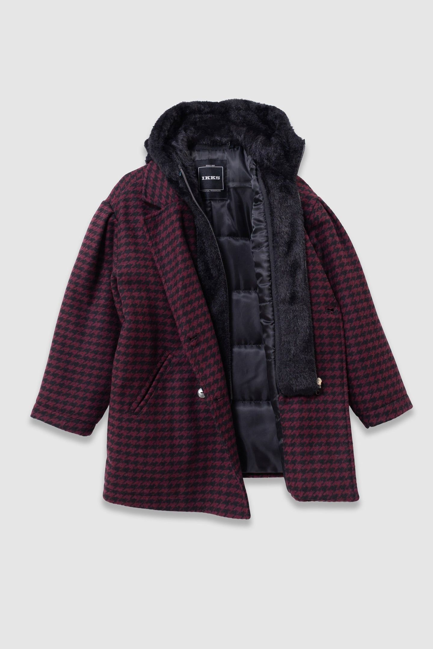 GIRLS’ BLACK CHECK COAT WITH HOODED FACING 5