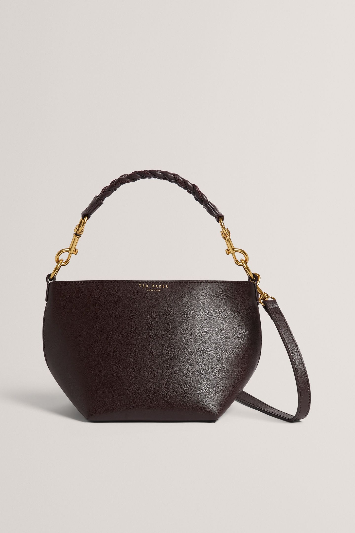 WEAVE HANDLE LEATHER SMALL BUCKET BAG BROWN 1