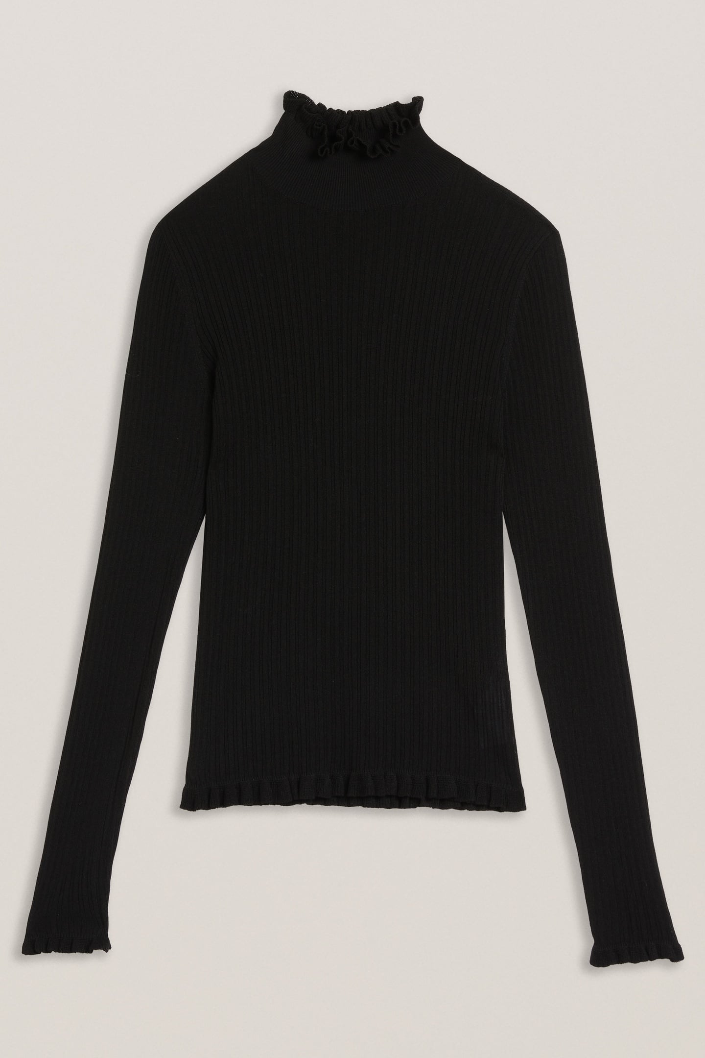 JANITTT RIB FUNNEL NECK FRILL JUMPER BLACK 4