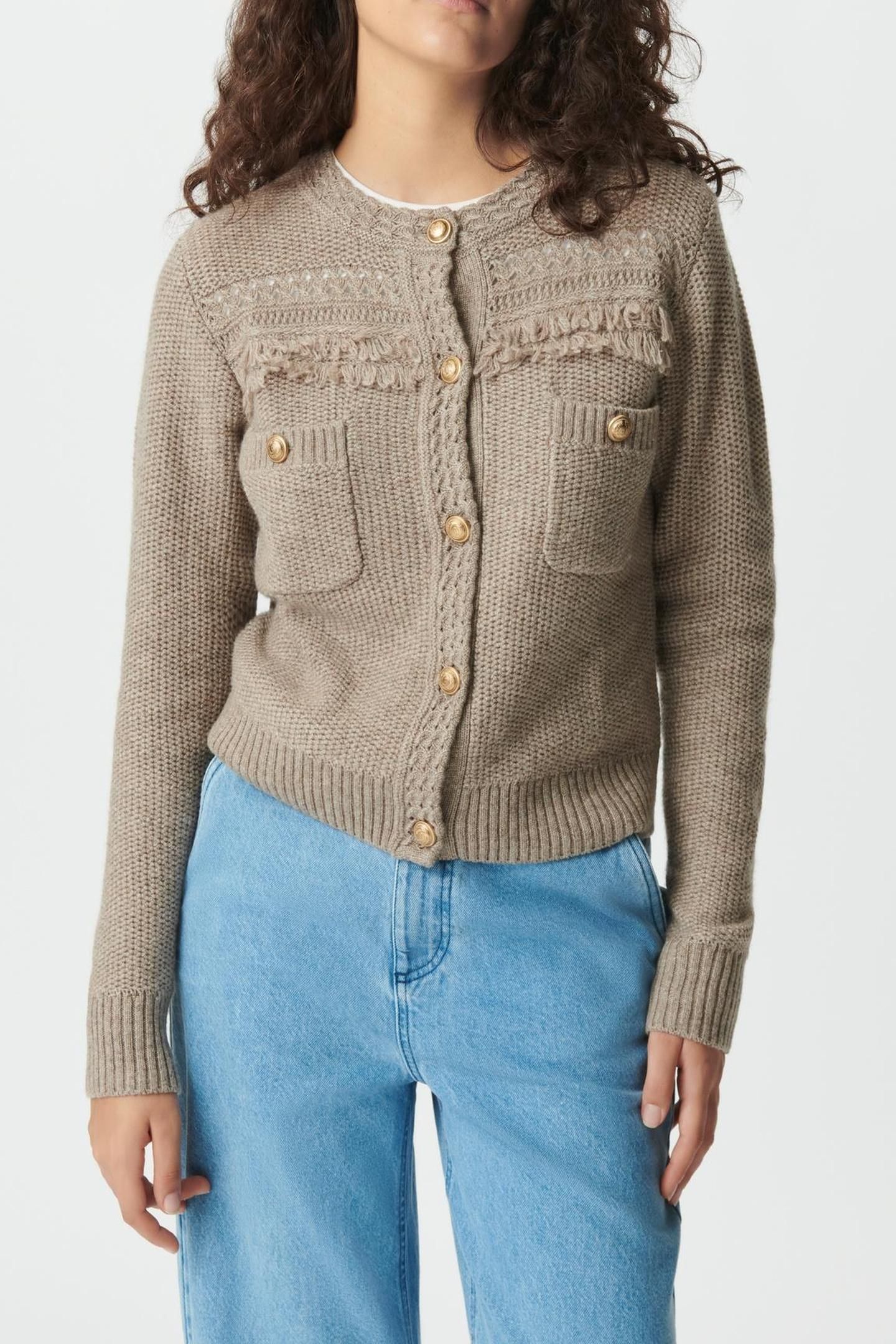 BEIGE KNIT CARDIGAN, FRINGED DETAILS, GOLD BUTTONS 1