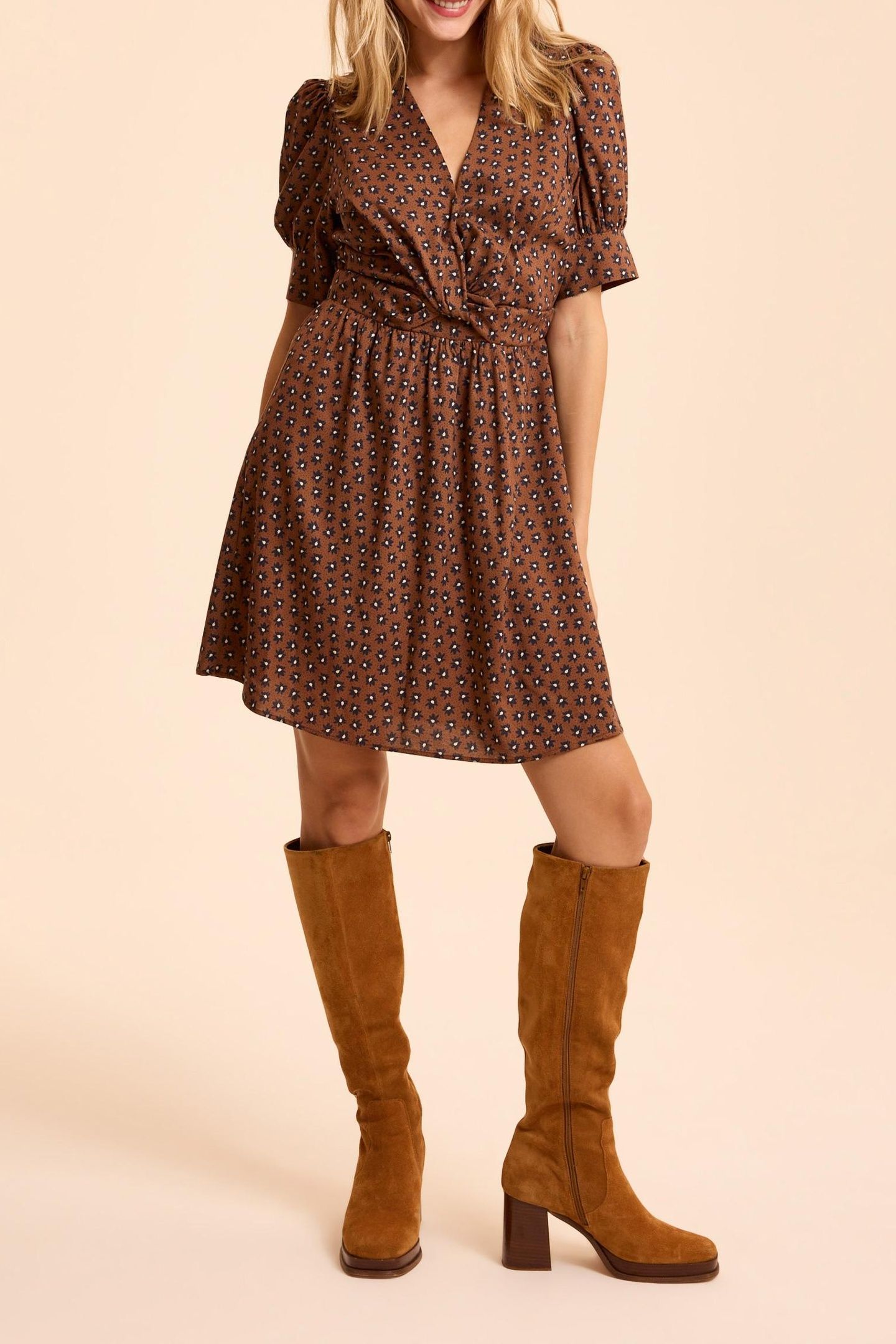 CAMEL DRESS WITH BLACK FLOWER PRINT 1