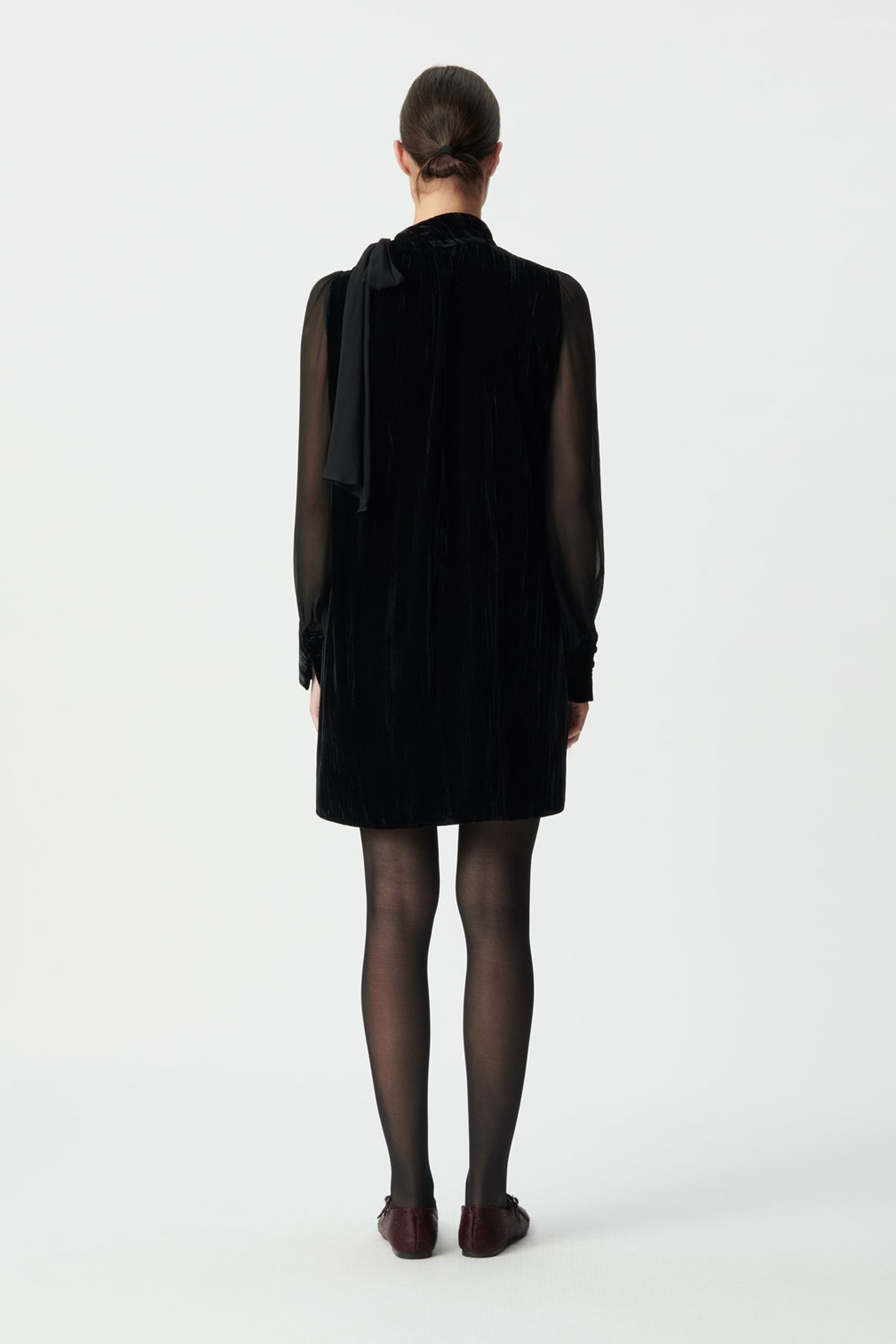 BLACK CRUSHED VELVET AND VOILE MIXED FABRIC DRESS 2