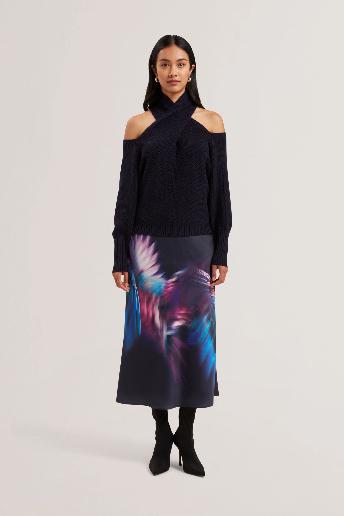 WMS GILAO PRINTED MIDI BIAS CUT SKIRT NAVY 1