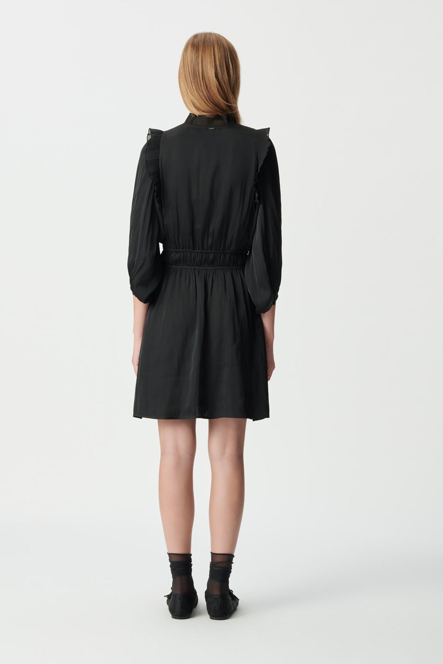 BLACK CRUSHED SATIN DRESS WITH PLEATED RUFFLES 2
