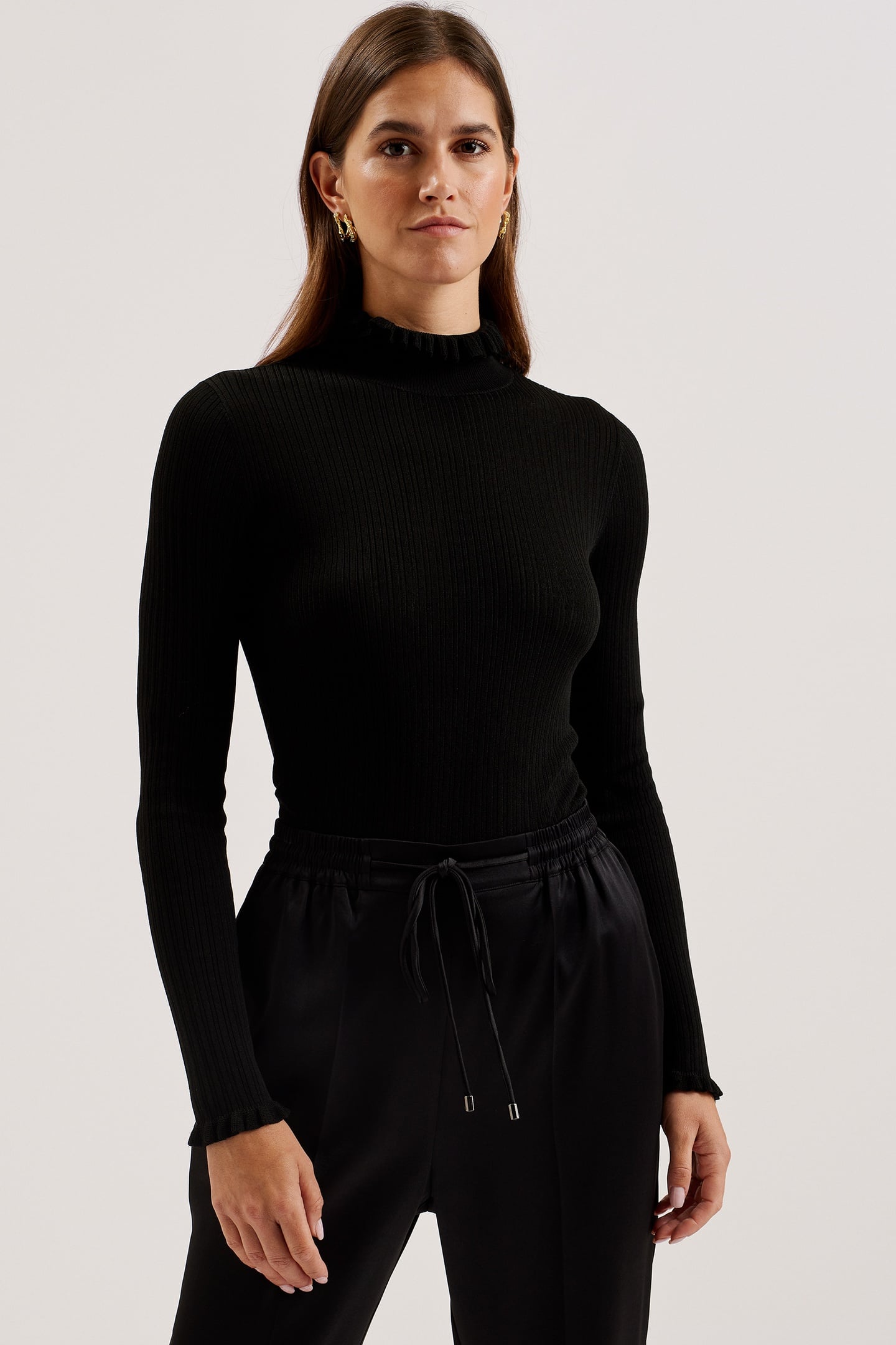 JANITTT RIB FUNNEL NECK FRILL JUMPER BLACK 2