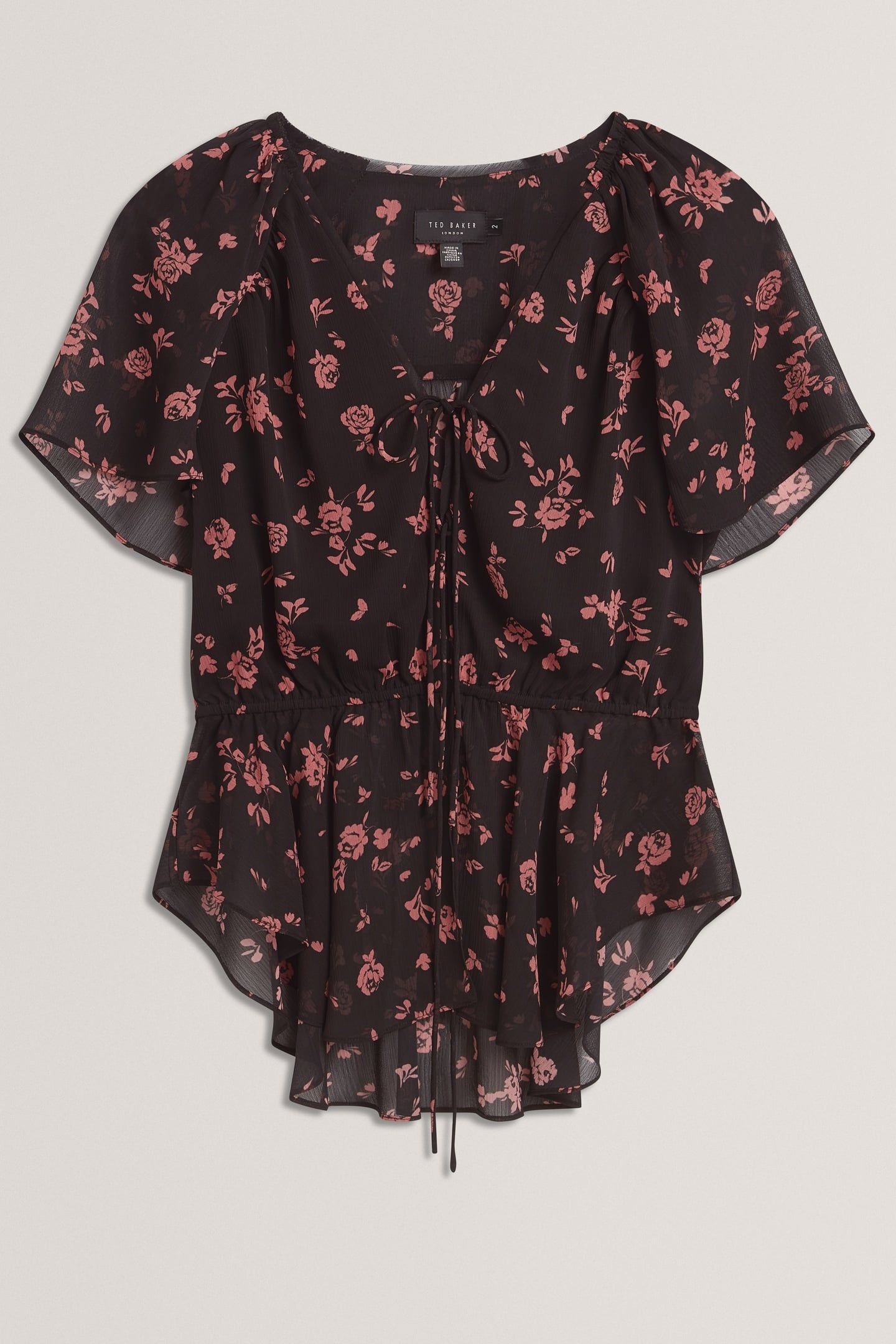 PRINTED TIE FRONT BALLOON SLEEVE BLOUSE BLACK 2