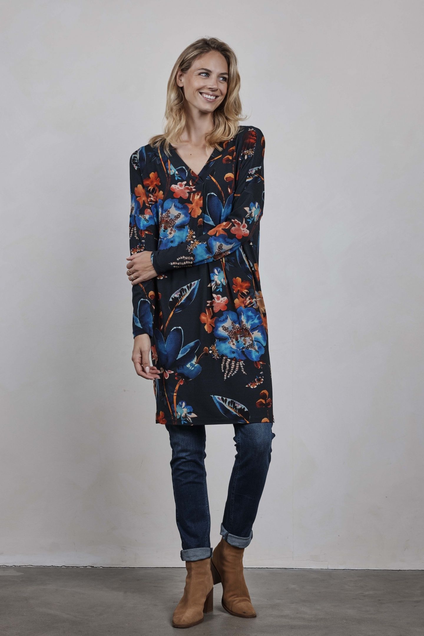LOOSE DRESS INDY PRINT DARK BLUE WATERSIDE M PRINT 1