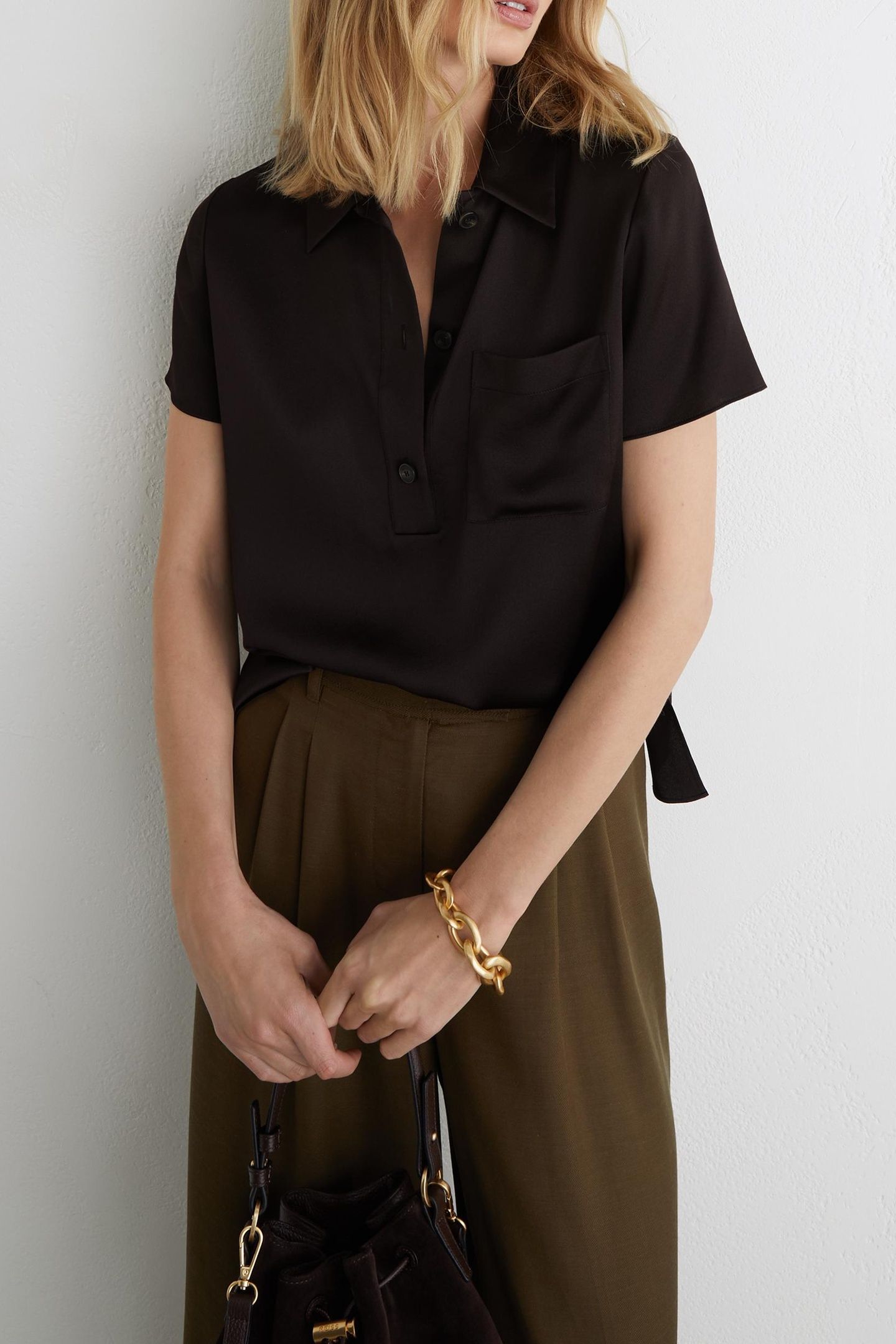 POCKET DETAIL SILK T-SHIRT CHOCOLATE BROWN 1