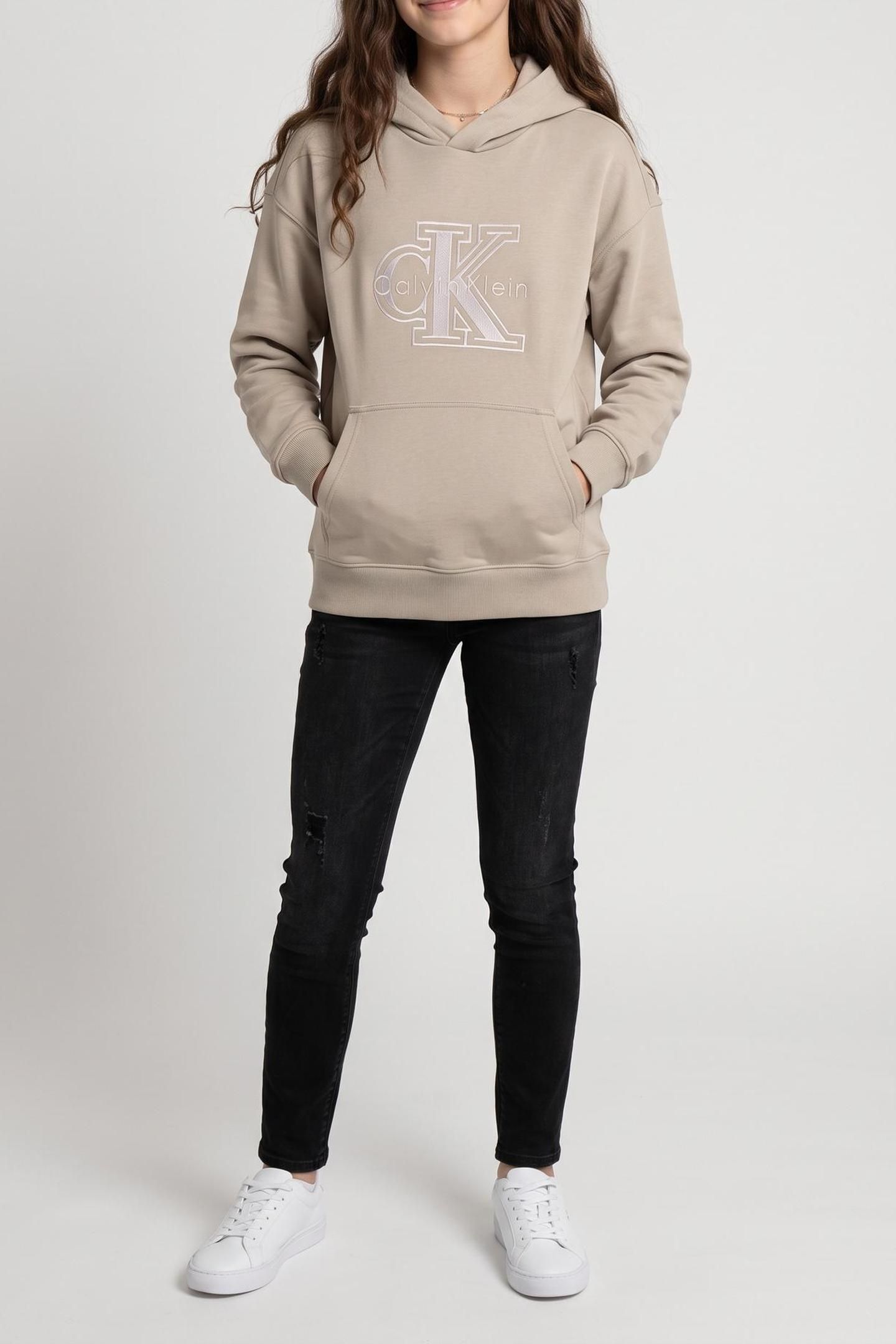 GIRLS VELVET MONOLOGO HOODIE ANCIENT MARBLE 1