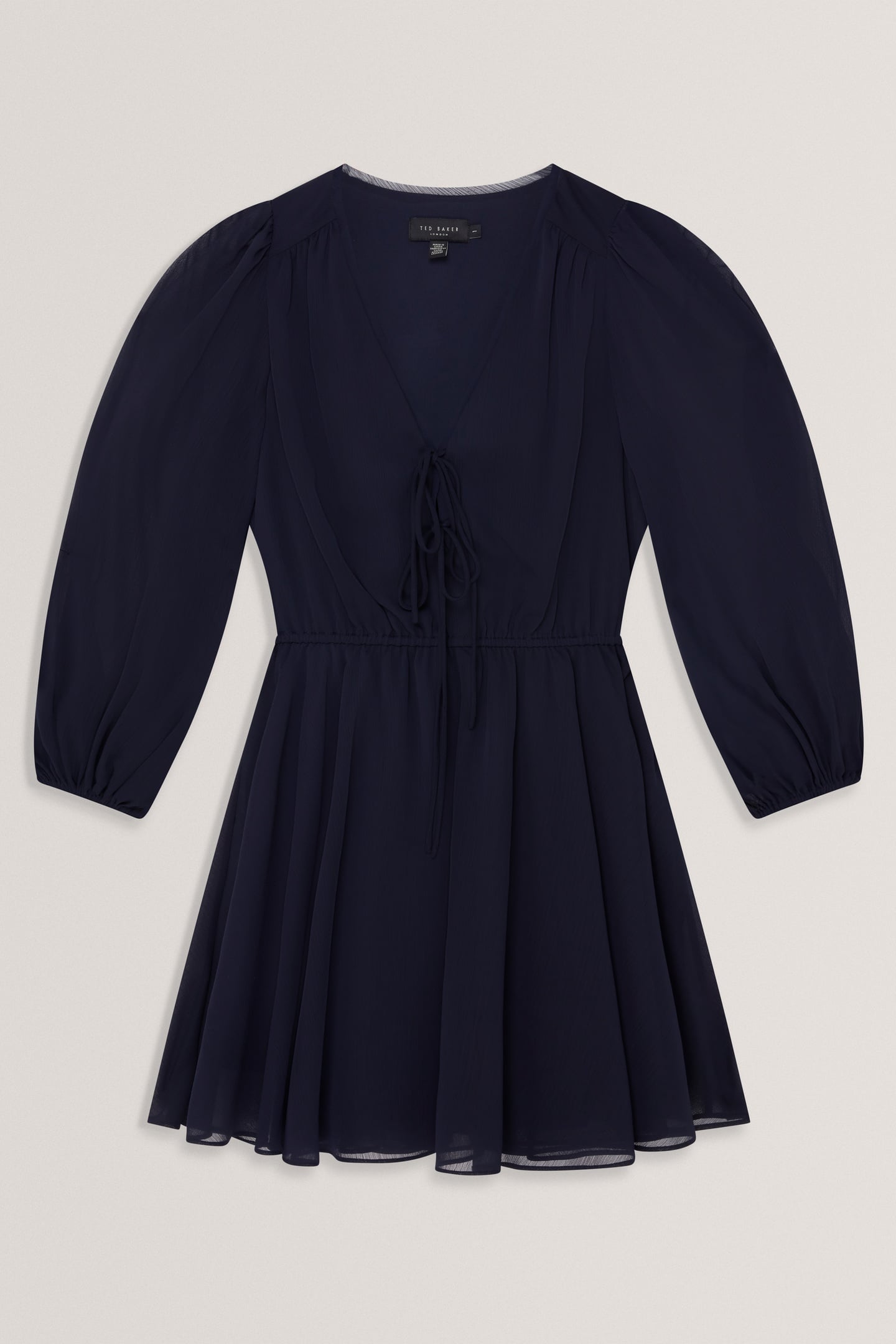 PRINTED TIE FRONT LONG SLEEVE MINI DRESS NAVY 3