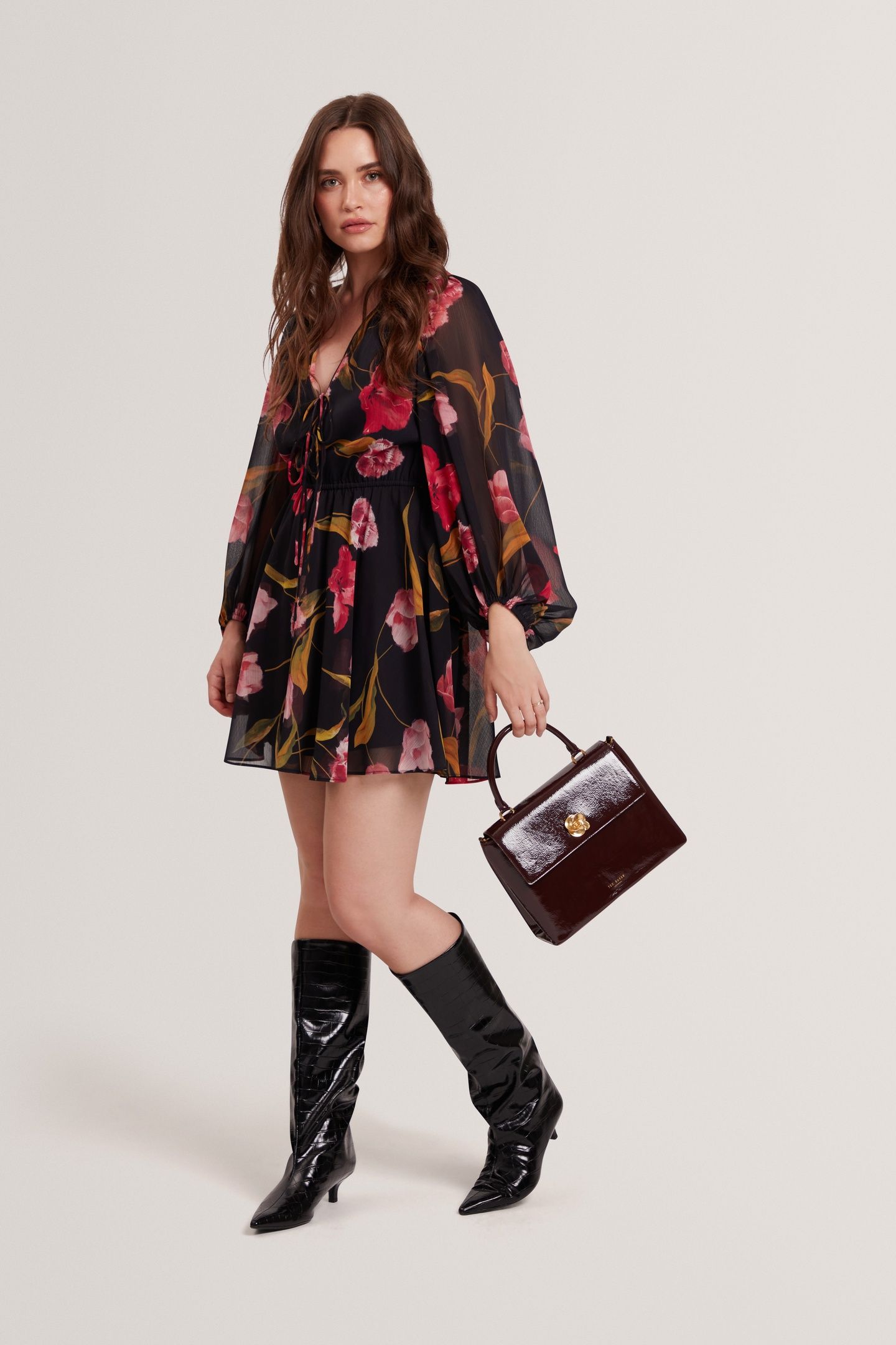 PRINTED TIE FRONT LONG SLEEVE MINI DRESS BLACK 1
