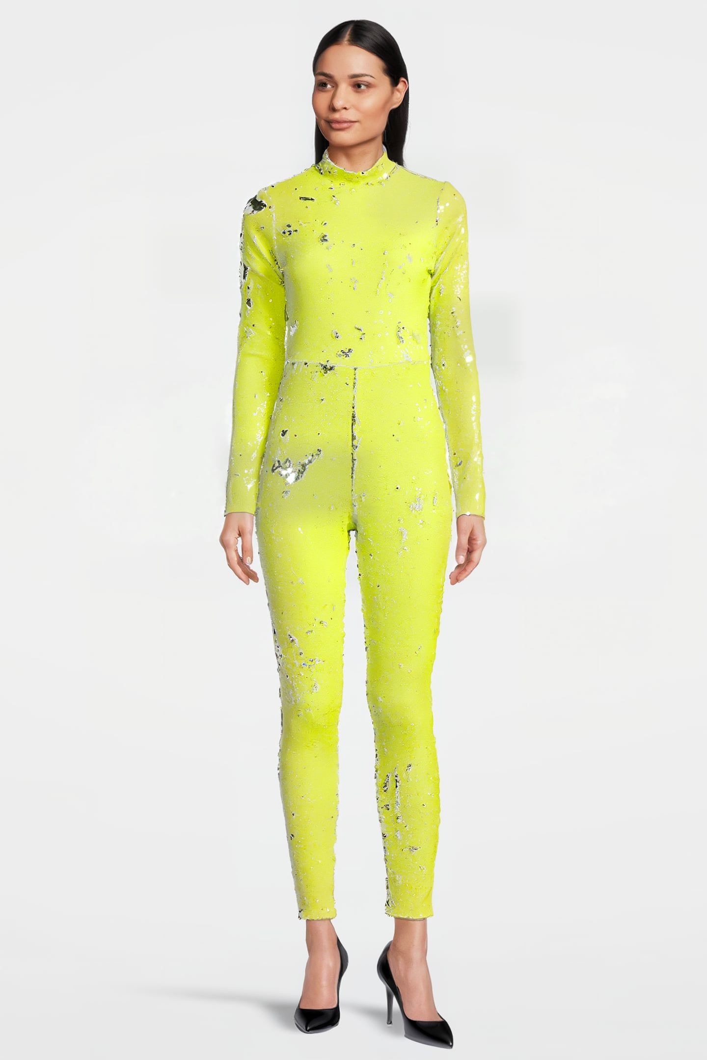 WOMEN'S SEQUIN BODYCON OVERALL NEON YELLOW 1