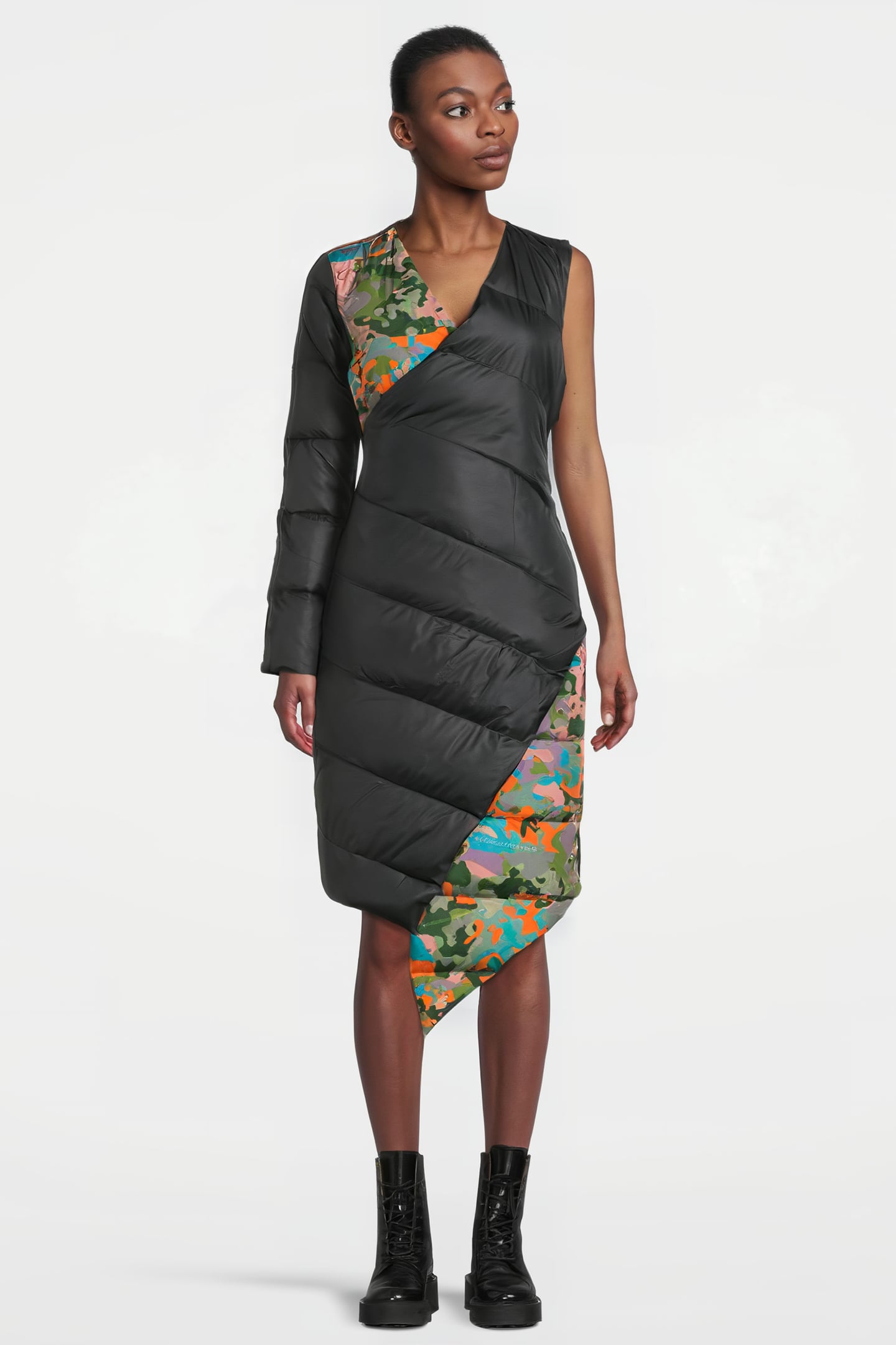 WOMEN'S ONE SLEEVE DOWN DRESS BLACK, CAMOU PRINT 1