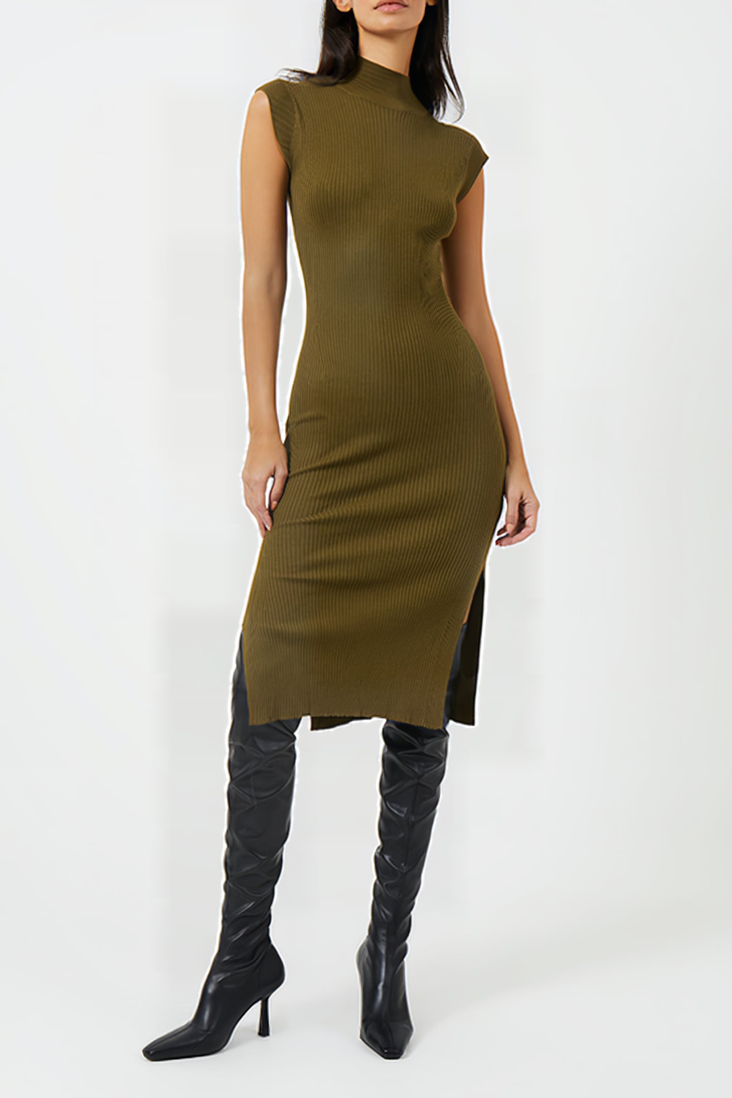 RIB FUNNEL SLV LESS DRESS M KHAKI 3