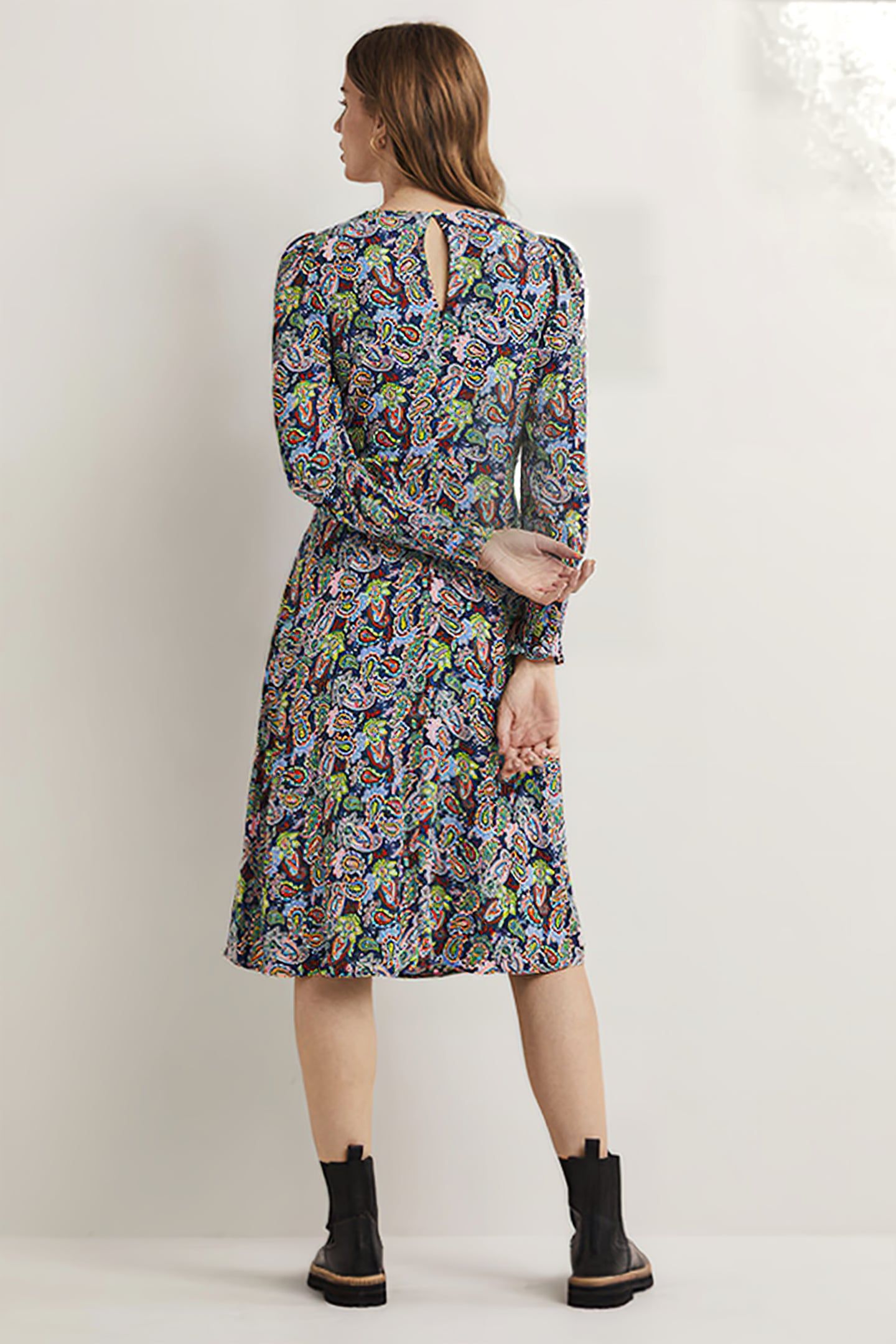 SMOCKED CUFF MIDI DRESS NVY 2