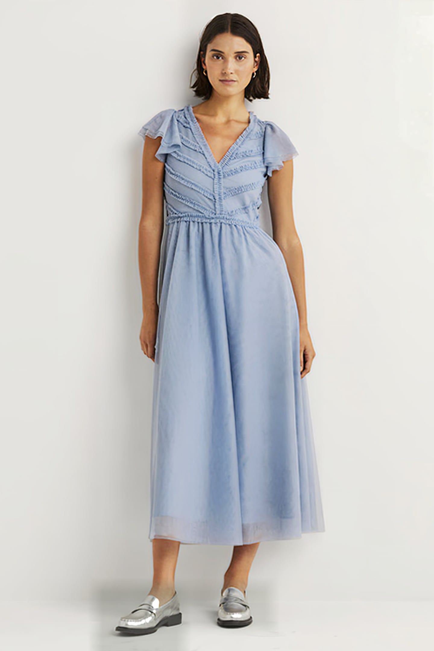 TULLE V-NECK MAXI PARTY DRESS BLU 1