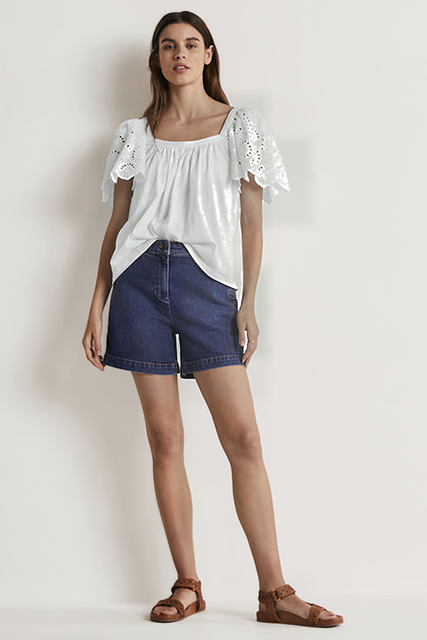 SQUARE NECK WOVEN SLEEVE TOP WHT 3