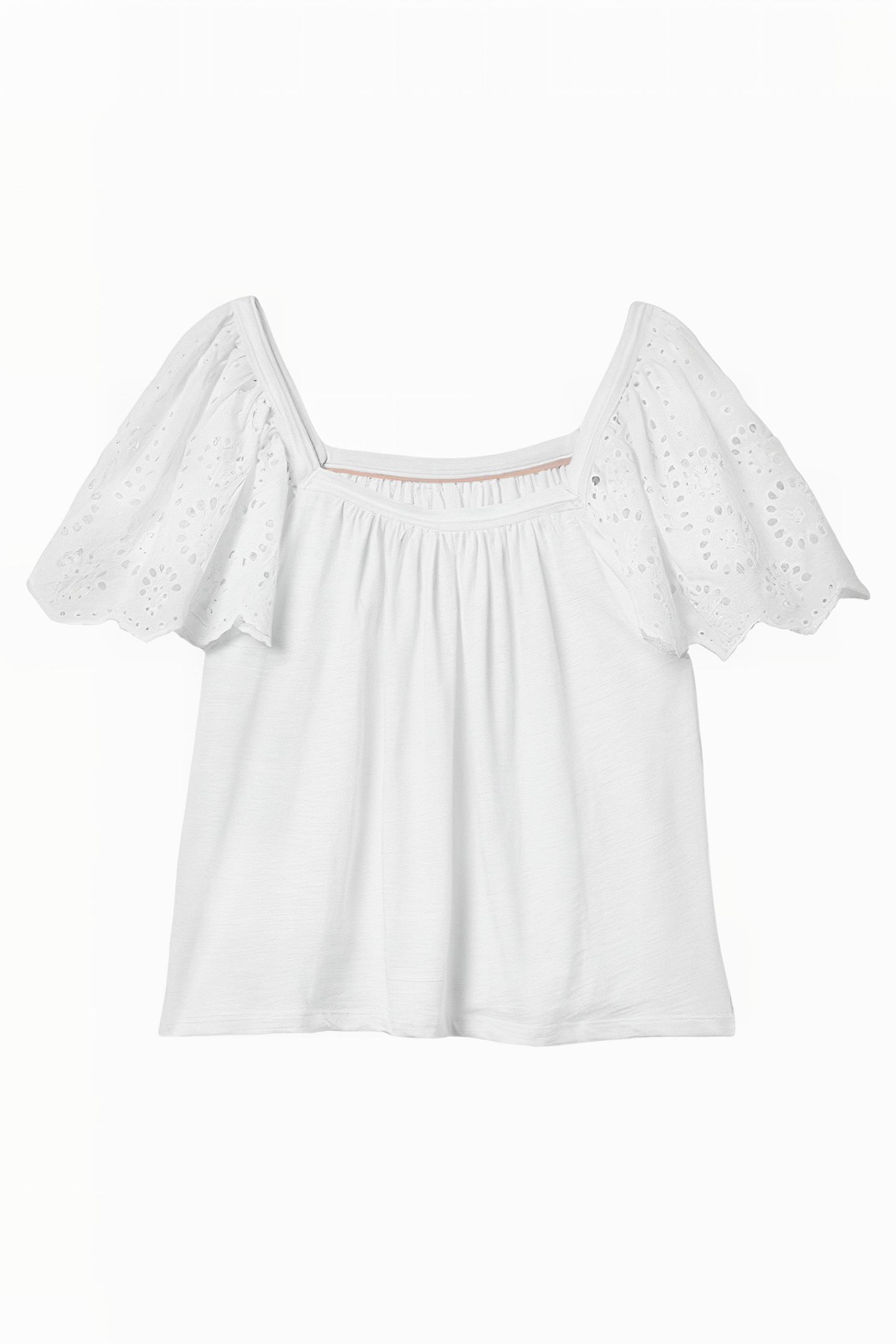SQUARE NECK WOVEN SLEEVE TOP WHT 6