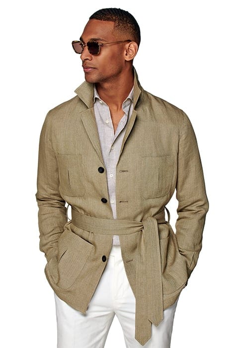 Mid Brown Herringbone Belted Safari Jacket 1