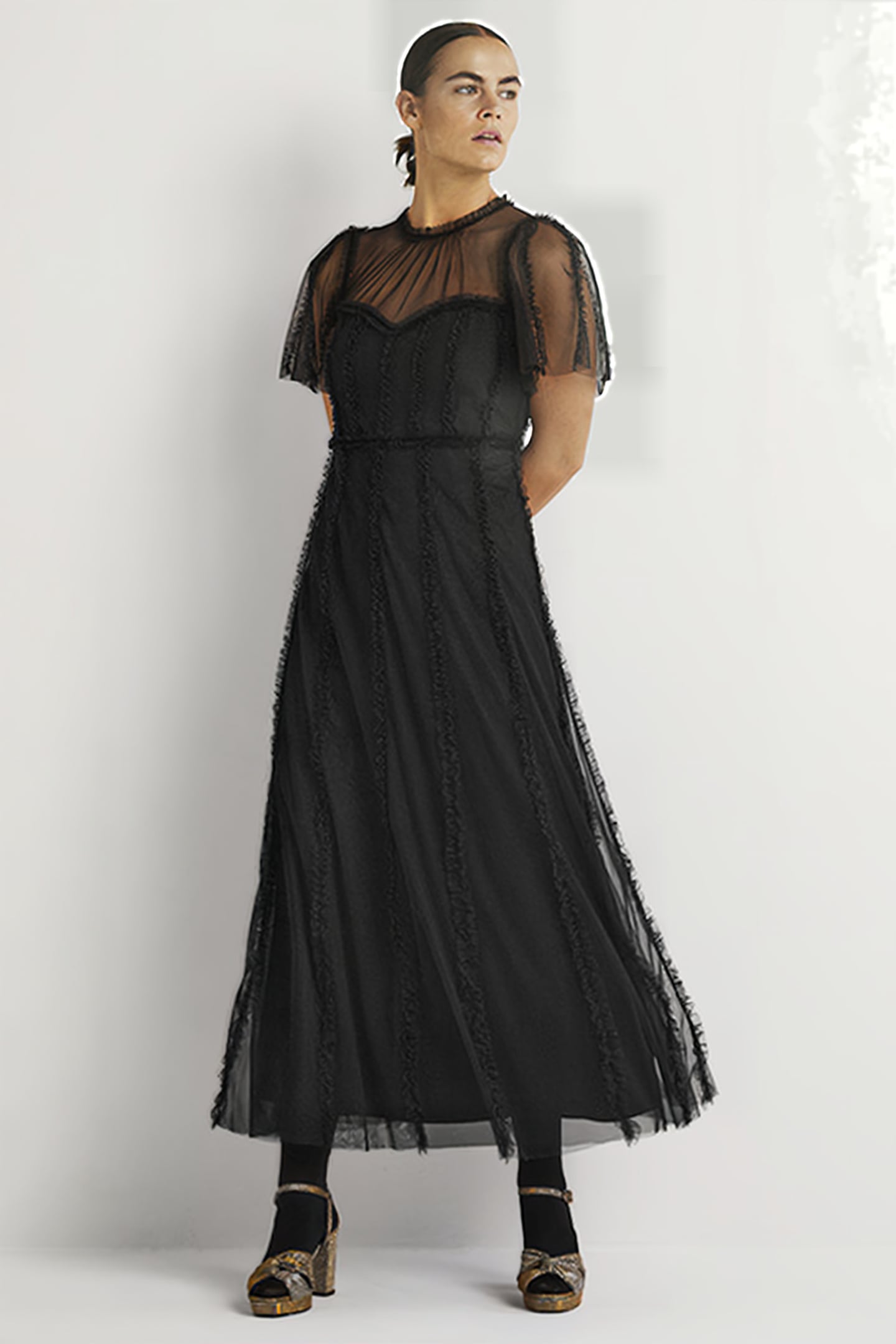 TULLE MAXI RUFFLE PARTY DRESS BLK 1