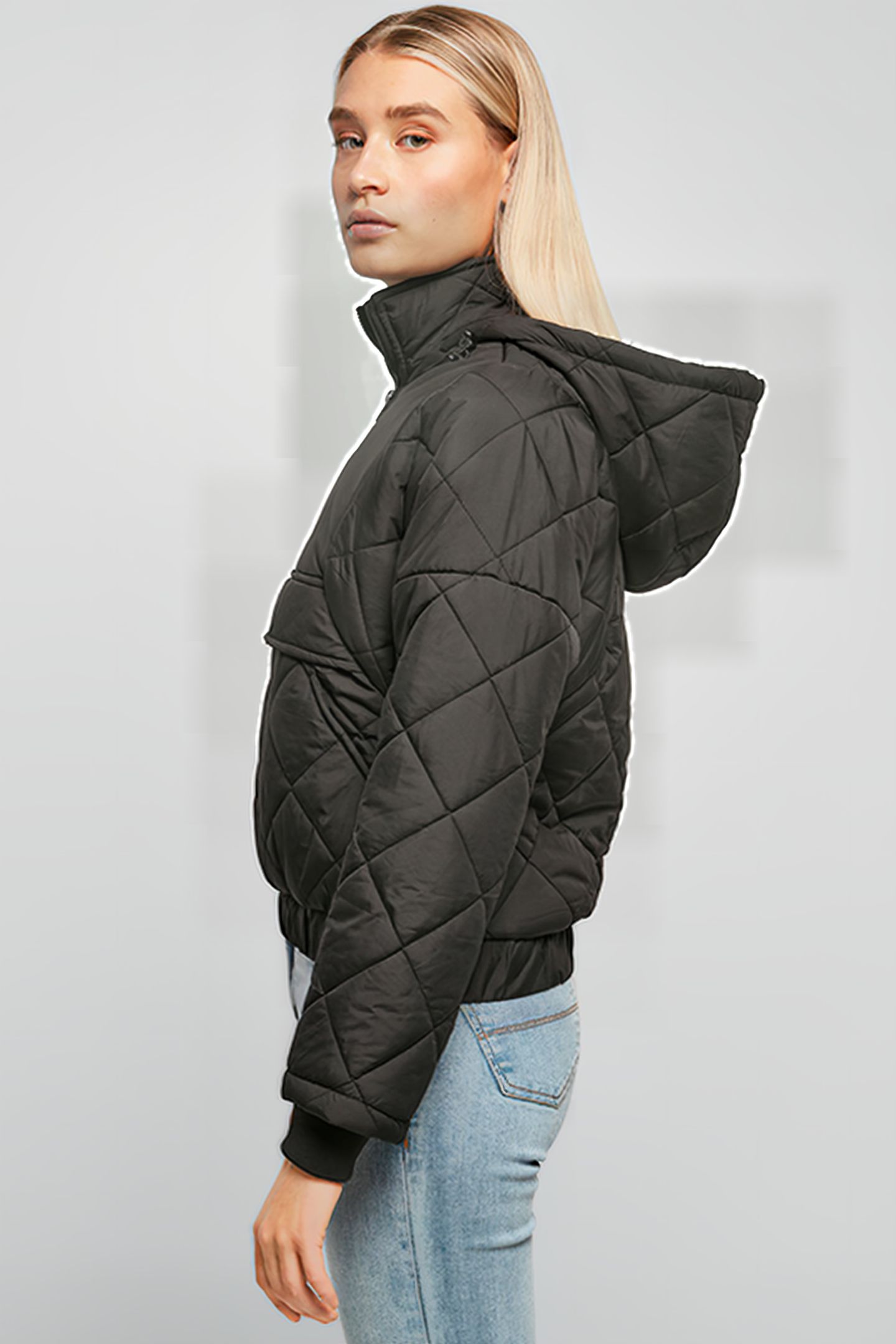 LADIES OVERSIZED DIAMOND QUILTED PULL OVER JACKET BLACK 6