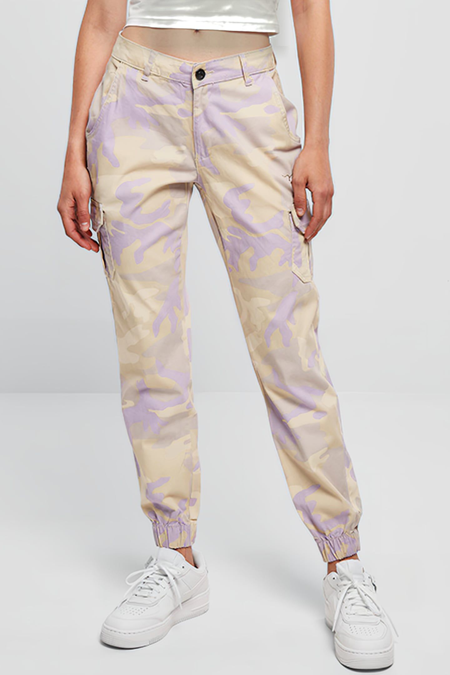 LADIES HIGH WAIST CAMO CARGO PANTS LILACCAMO 2