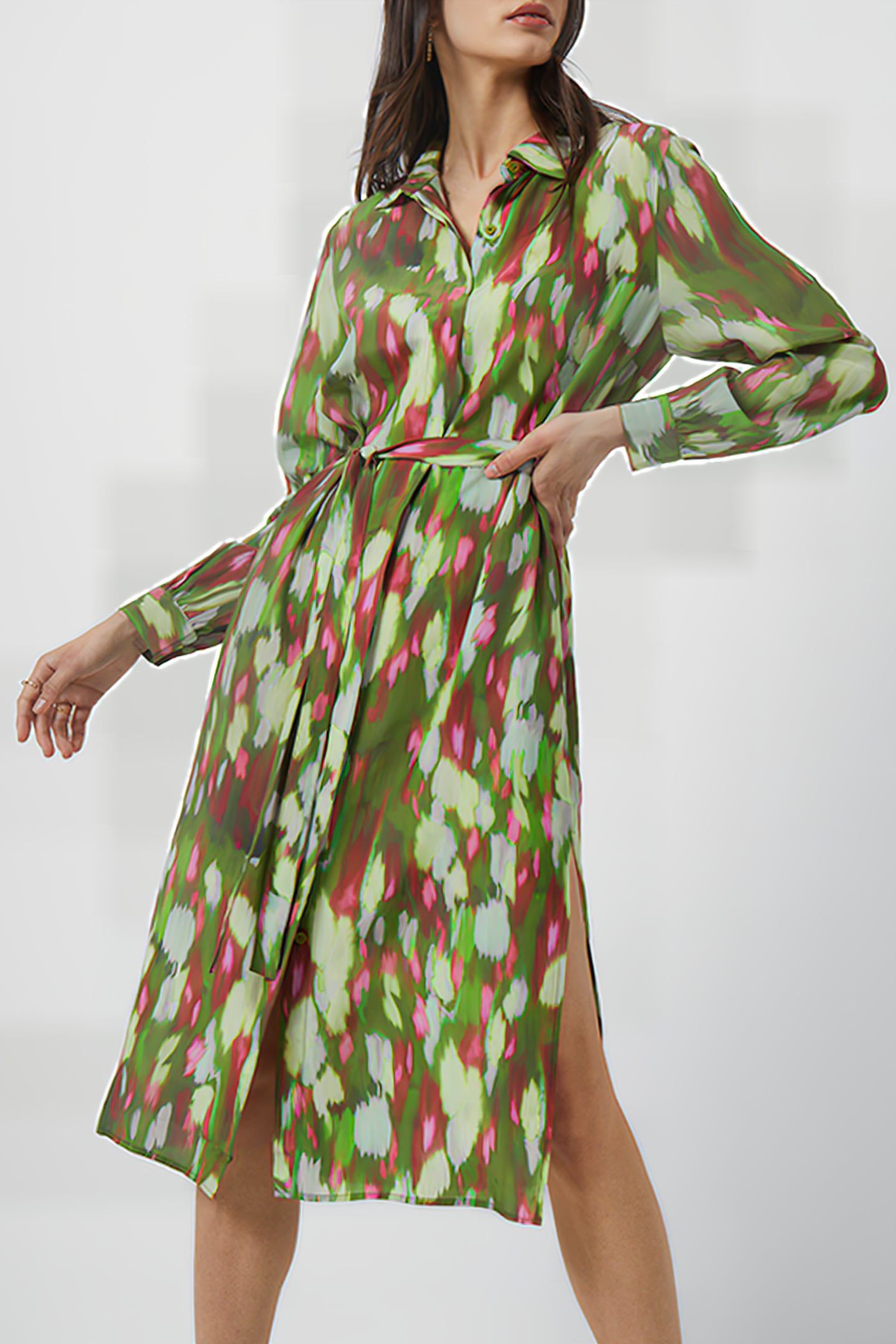 INNES DELPHINE SHIRT DRESS ALGAE GREEN MULTI 1