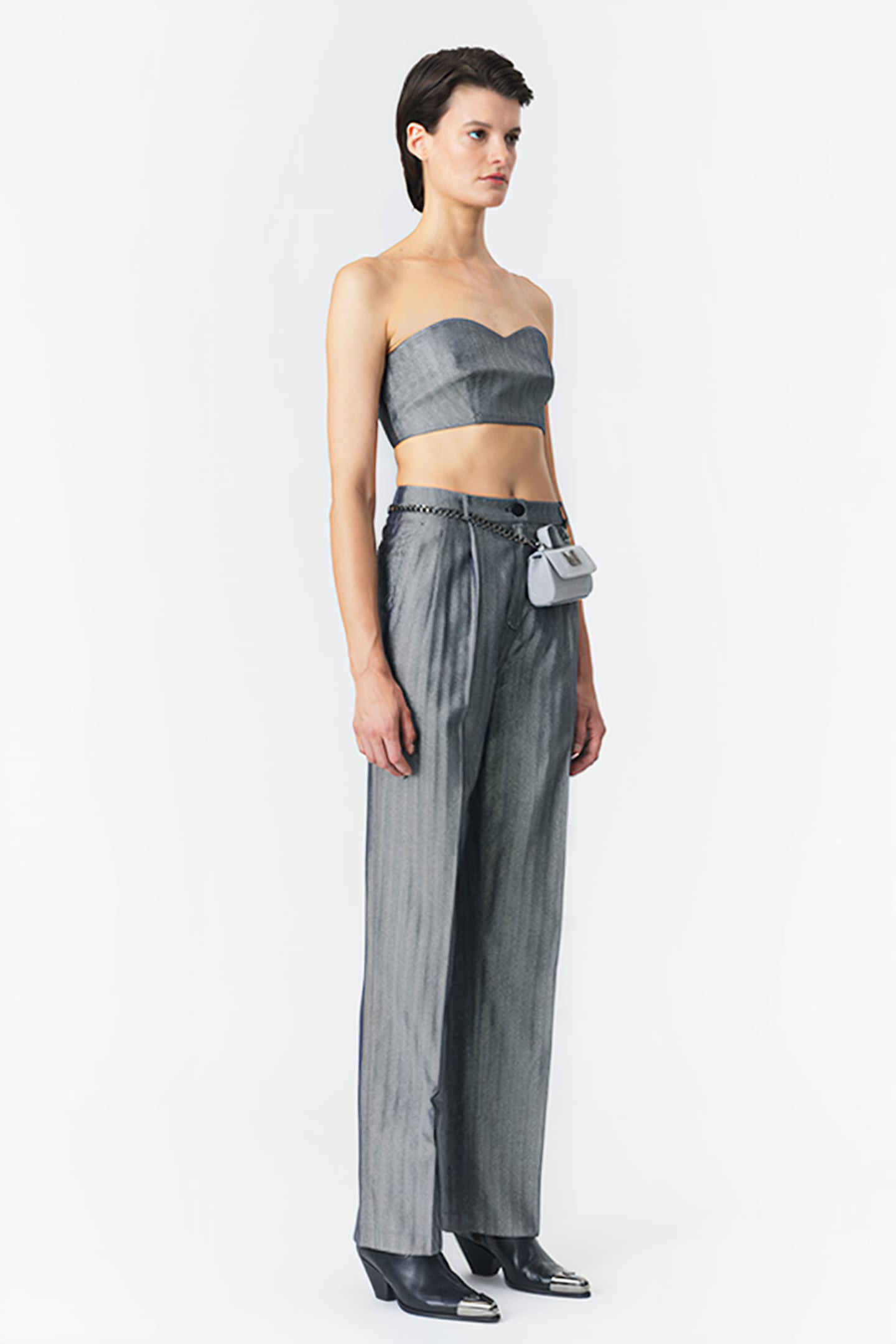 STRAPLESS BUSTIER TOP SILVER HERRINGBONE 2