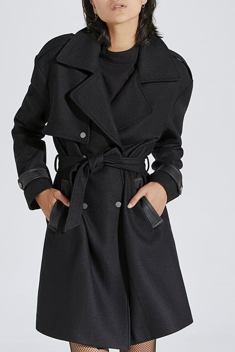 BLACK WOOL BLEND LONG TRENCH COAT + FAUX LEATHER 1