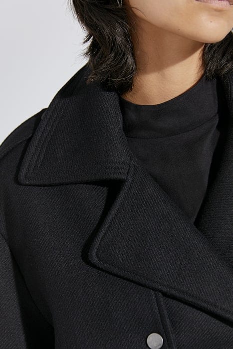 BLACK WOOL BLEND LONG TRENCH COAT + FAUX LEATHER 5