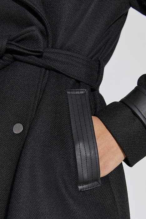 BLACK WOOL BLEND LONG TRENCH COAT + FAUX LEATHER 6
