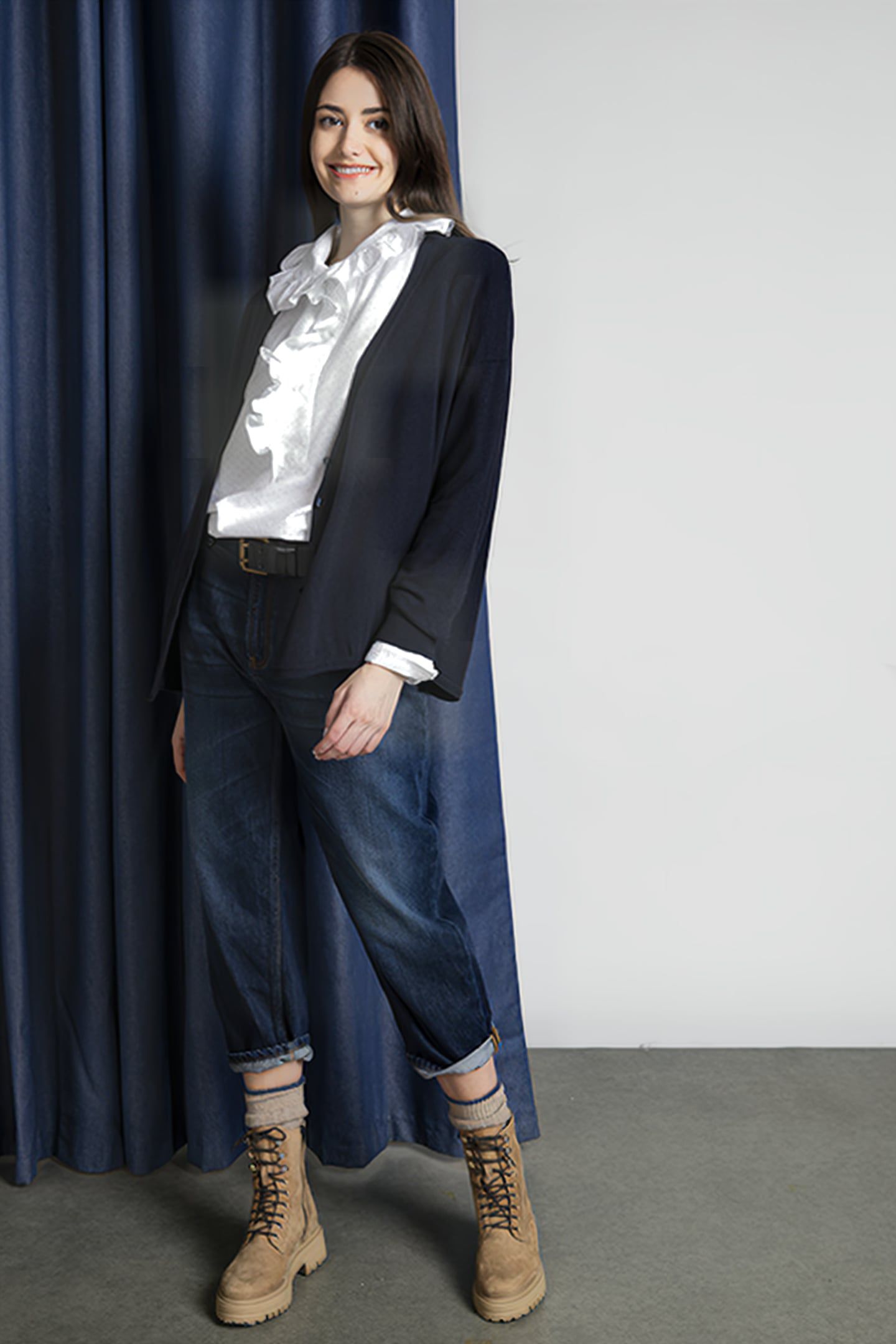 V-NECK CARDI ROUNDED BOTTOM LS BLUE 1