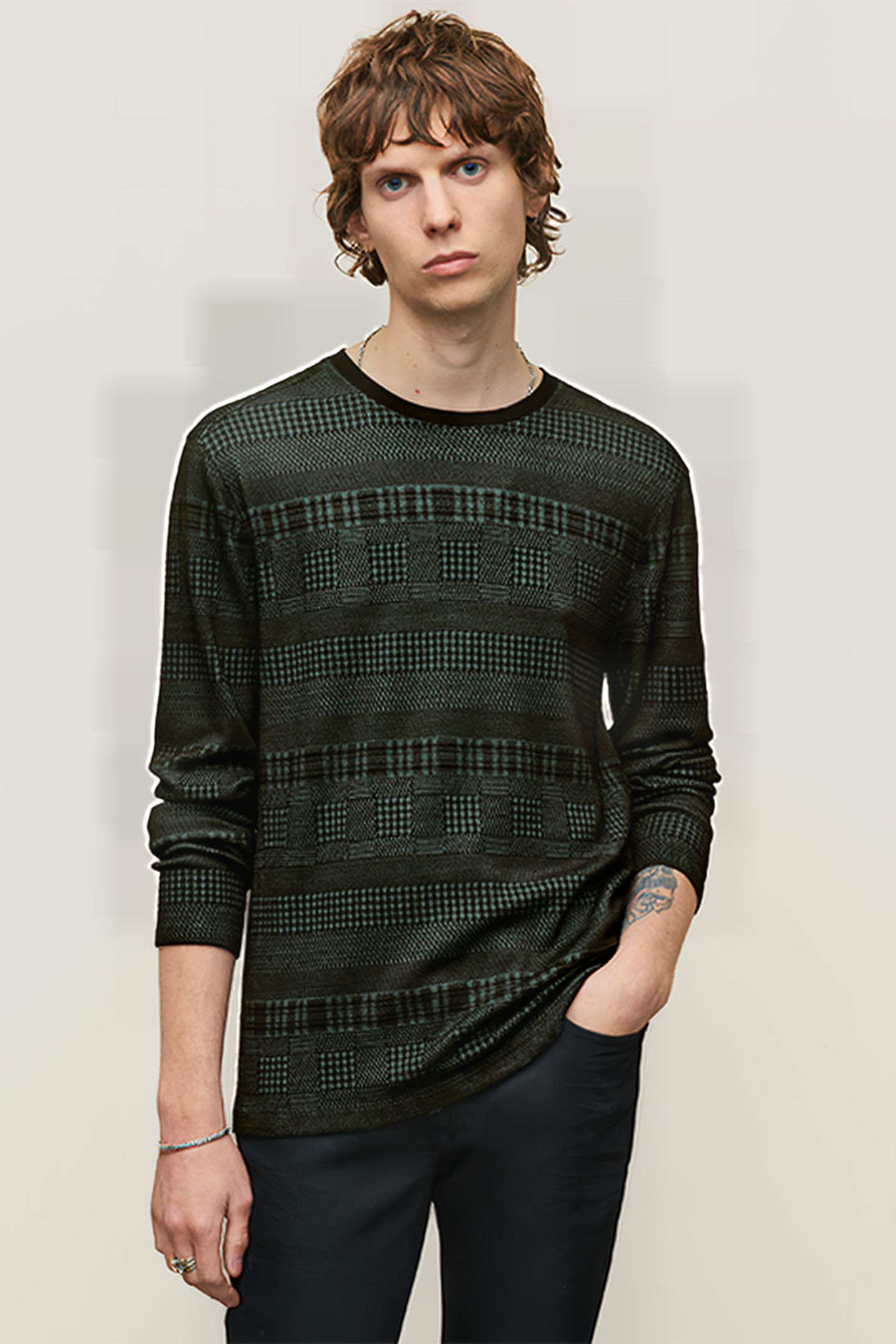 READE LS PATTERN MIX CREW WITH COLD DYE DARK MOSS 1